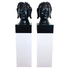 Hollywood Regency Pair Black Carved Wood Asian Head Sculptures on Lighted Base