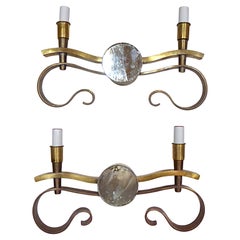 Hollywood Regency Pair French Art Deco 2-lights Large Bronze Sconces 1930s.