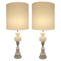 Hollywood Regency Pair of Alabaster Lotus Shaped Table Lamps