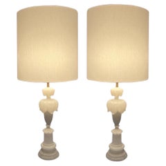 Vintage Hollywood Regency Pair of Alabaster Lotus Shaped Table Lamps