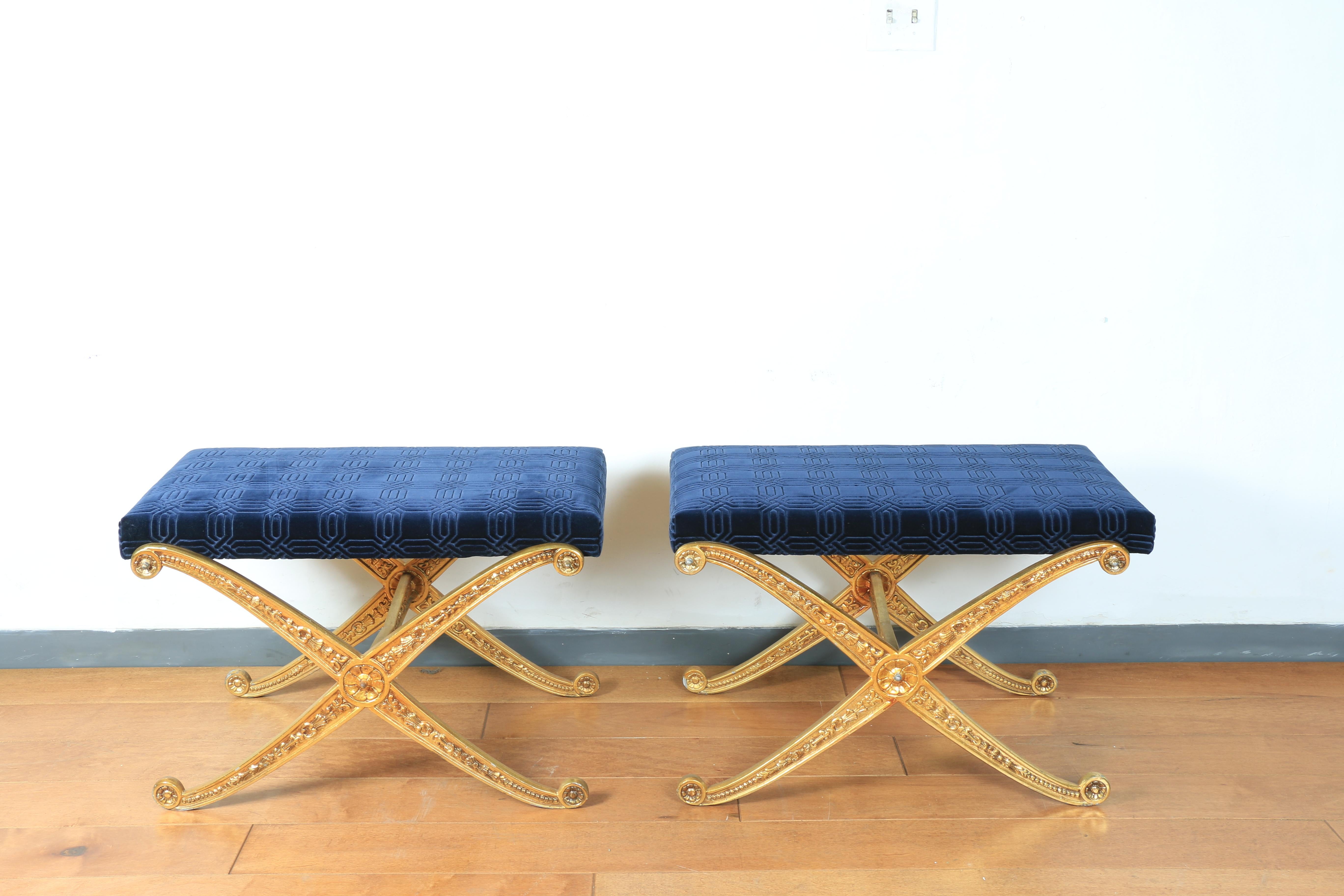 Vintage metal gold base benches with blue upholstery. No rips or stains. Metal gold bases are heavy. Great for any decor and can be sold separately. 

$950 each.