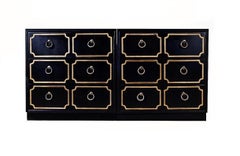 Hollywood Regency Pair of Black and Gold Dorothy Draper Style Chests of Drawers