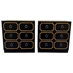 Retro Hollywood Regency Pair of Black and Gold Dorothy Draper Style Chests of Drawers