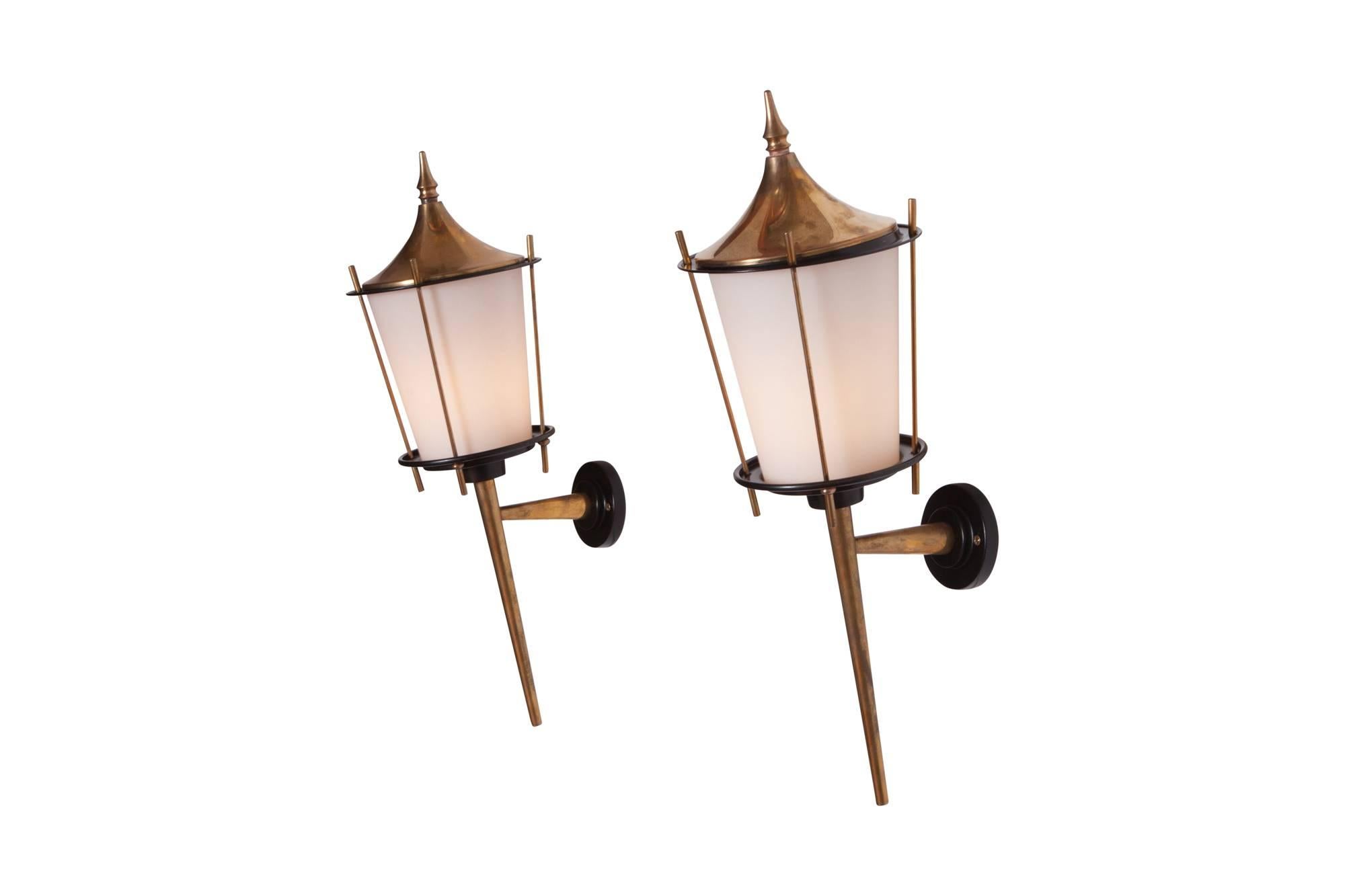 Hollywood Regency Hollywood regency pair of brass sconces by Maison Arlus, 1970s