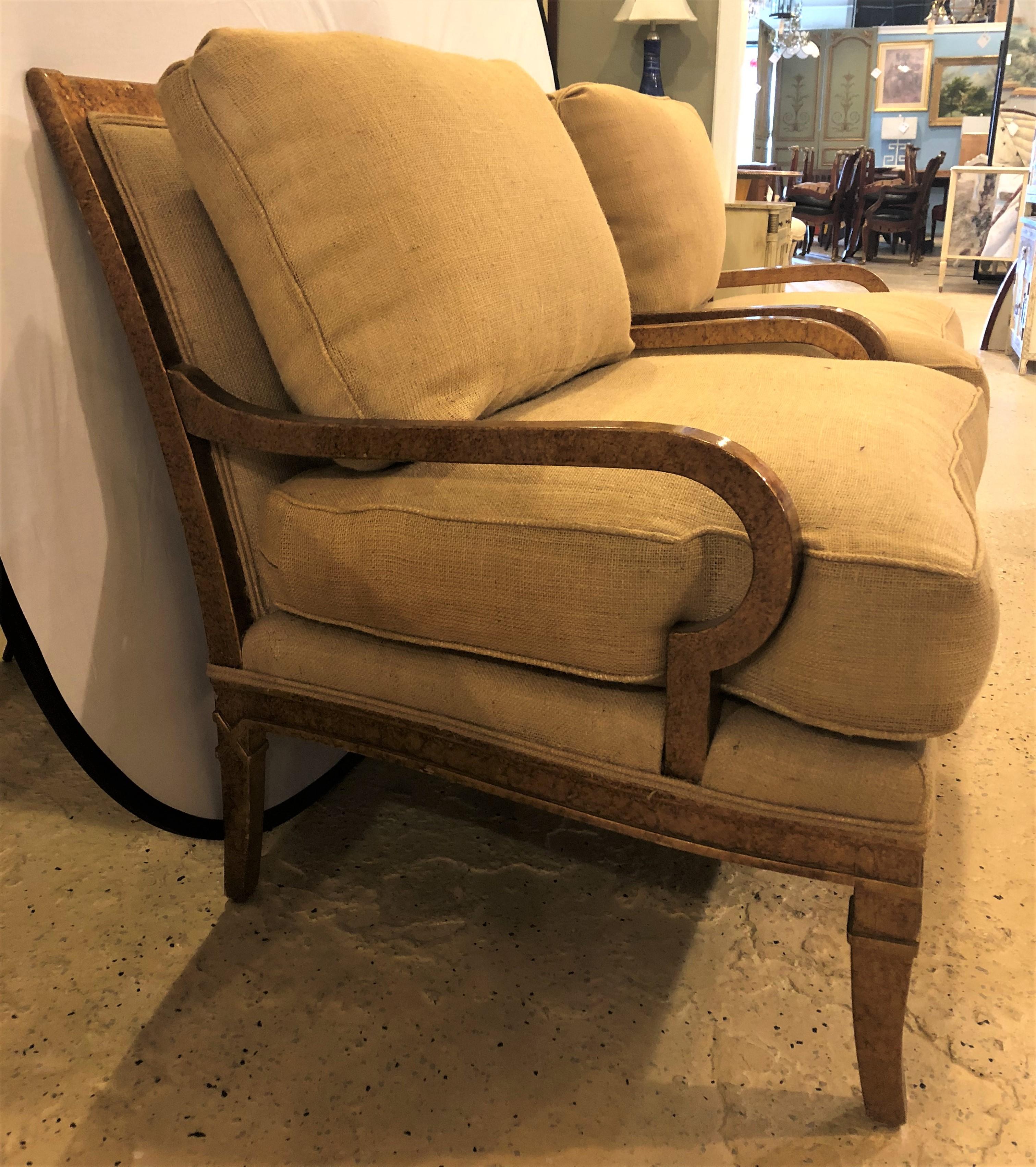 Hollywood Regency Pair of Burlap Faux Marbleized Bergère or Armchairs In Good Condition In Stamford, CT