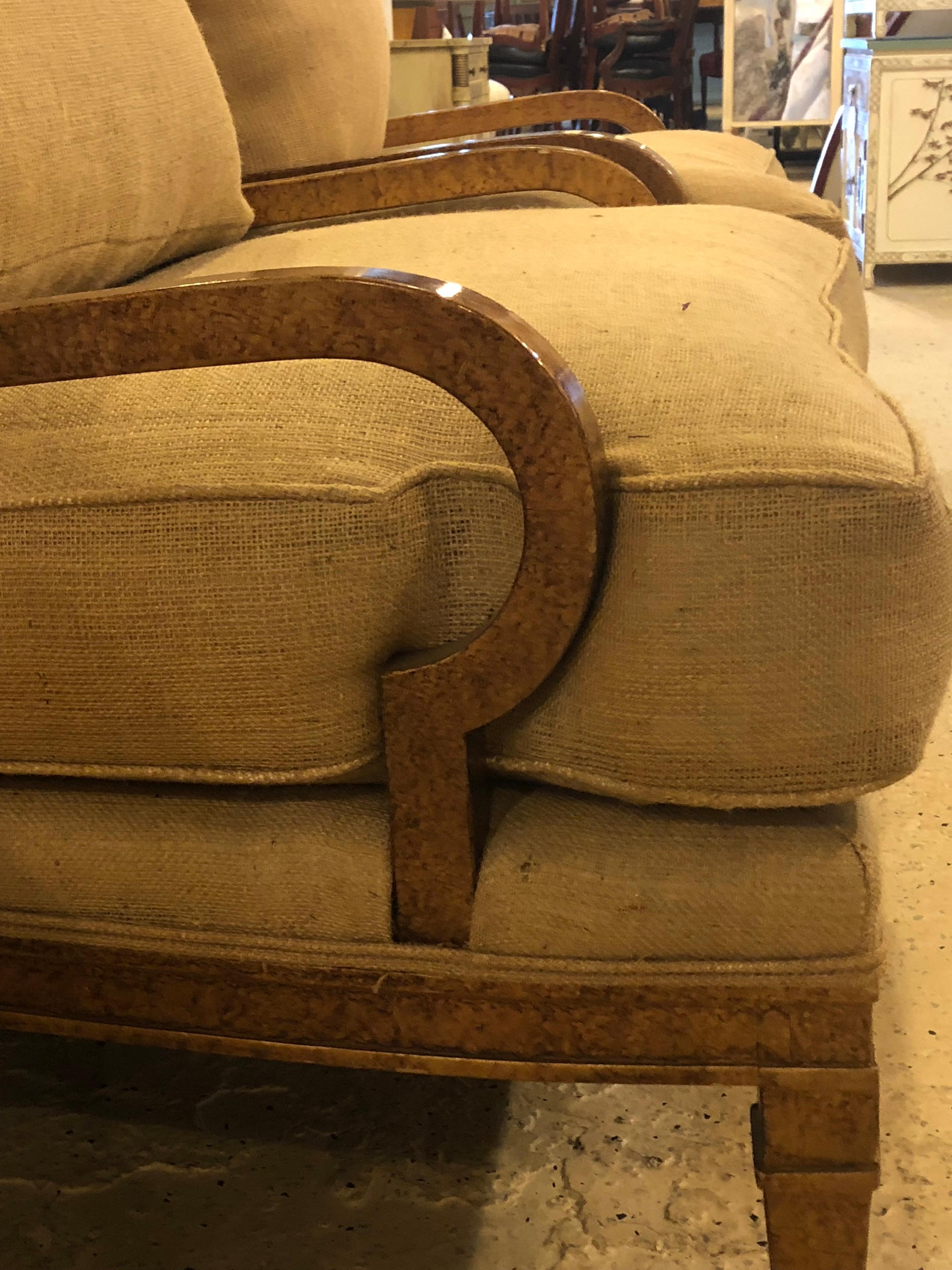 20th Century Hollywood Regency Pair of Burlap Faux Marbleized Bergère or Armchairs