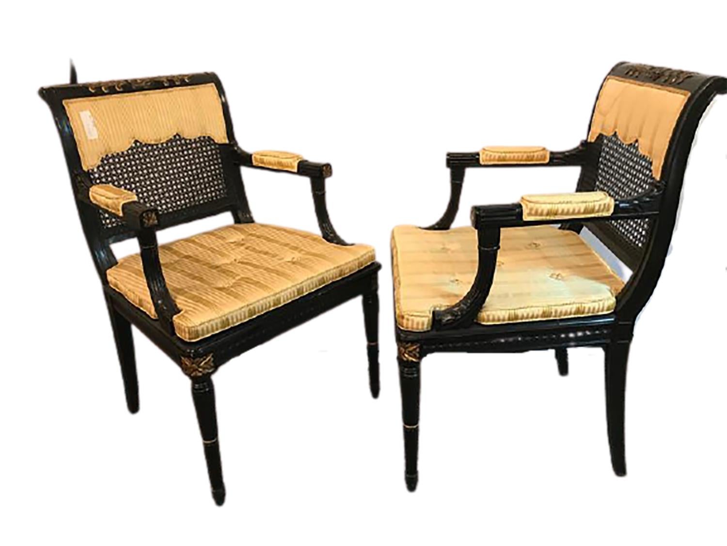 Hollywood Regency Jansen Style, Louis XVI, Arm Chairs, Black Lacquer, Fabric, Cane, France, 1930s For Sale