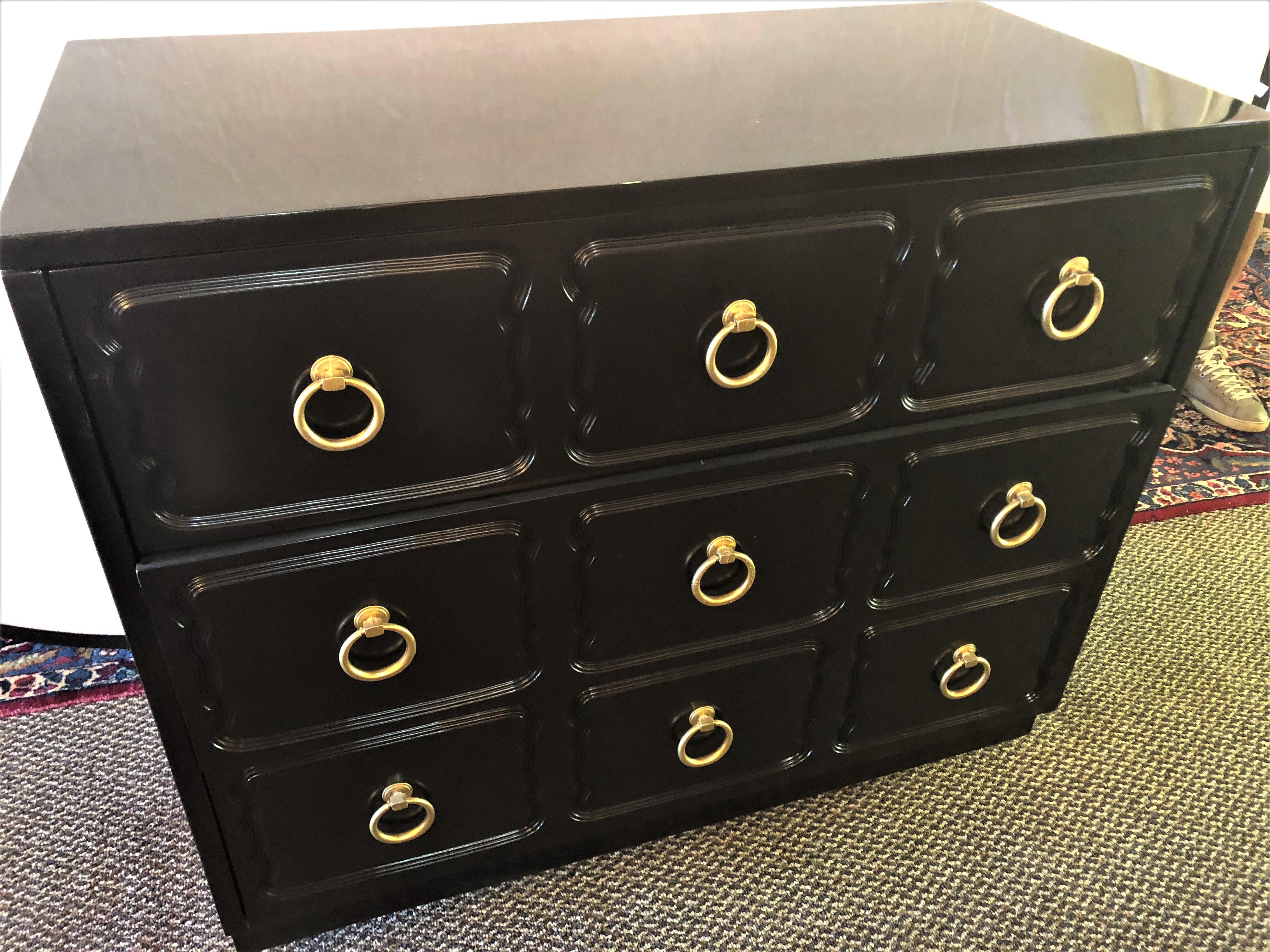 Hollywood Regency Pair of Ebony Refinished Dorothy Draper Style Chests/Commodes In Good Condition In Stamford, CT