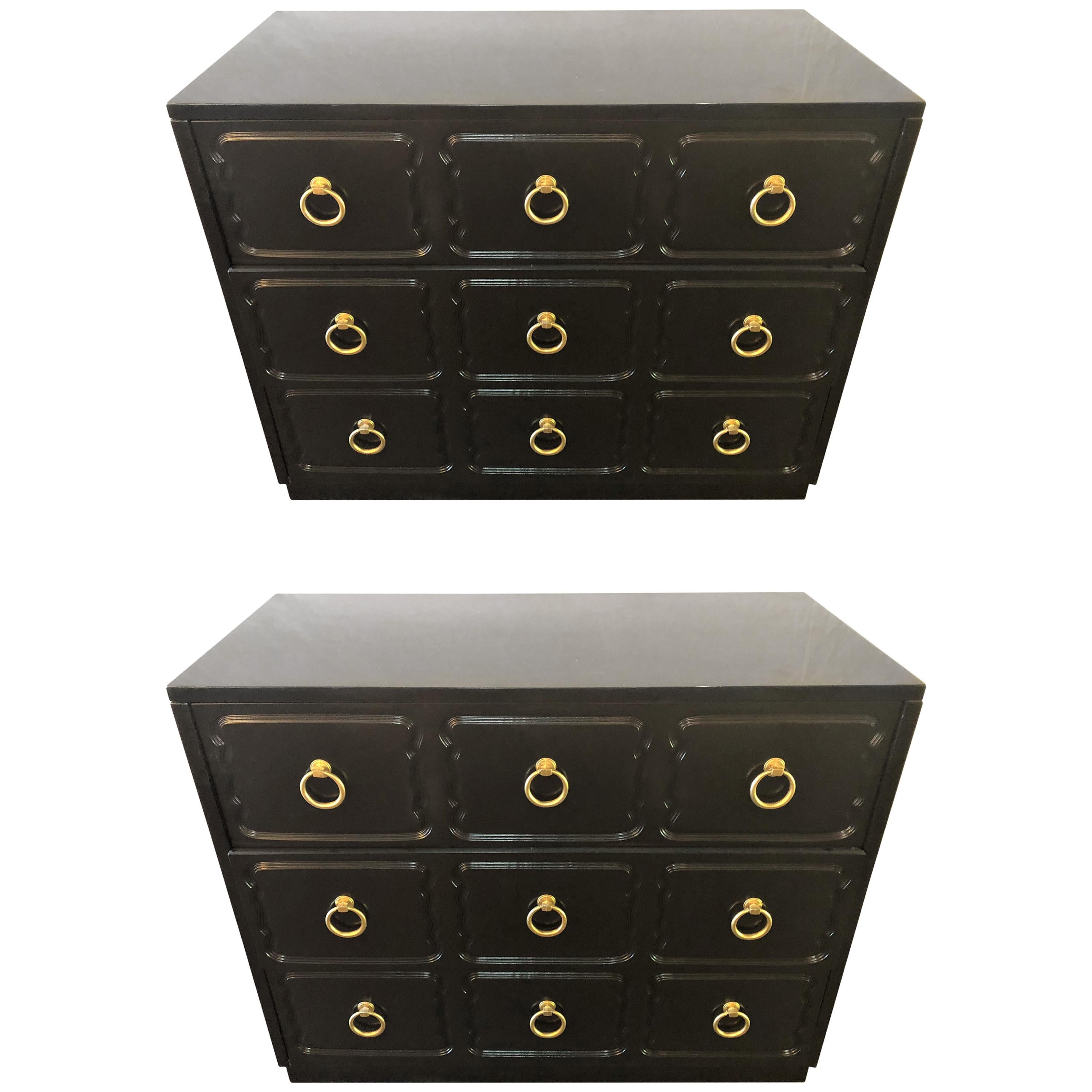 Hollywood Regency Pair of Ebony Refinished Dorothy Draper Style Chests/Commodes