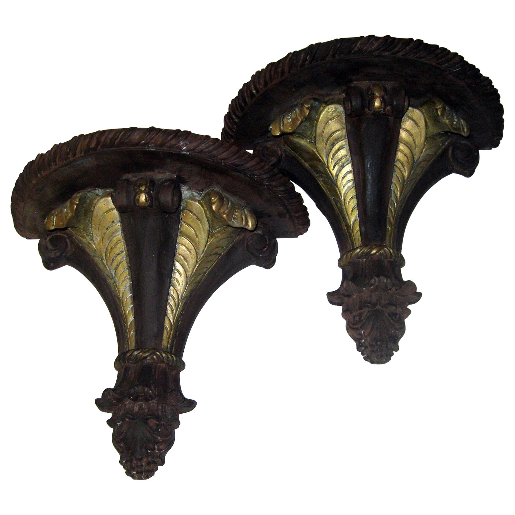 Hollywood Regency Pair of Grosfeld House Style Carved Wall Brackets Plume Motif For Sale