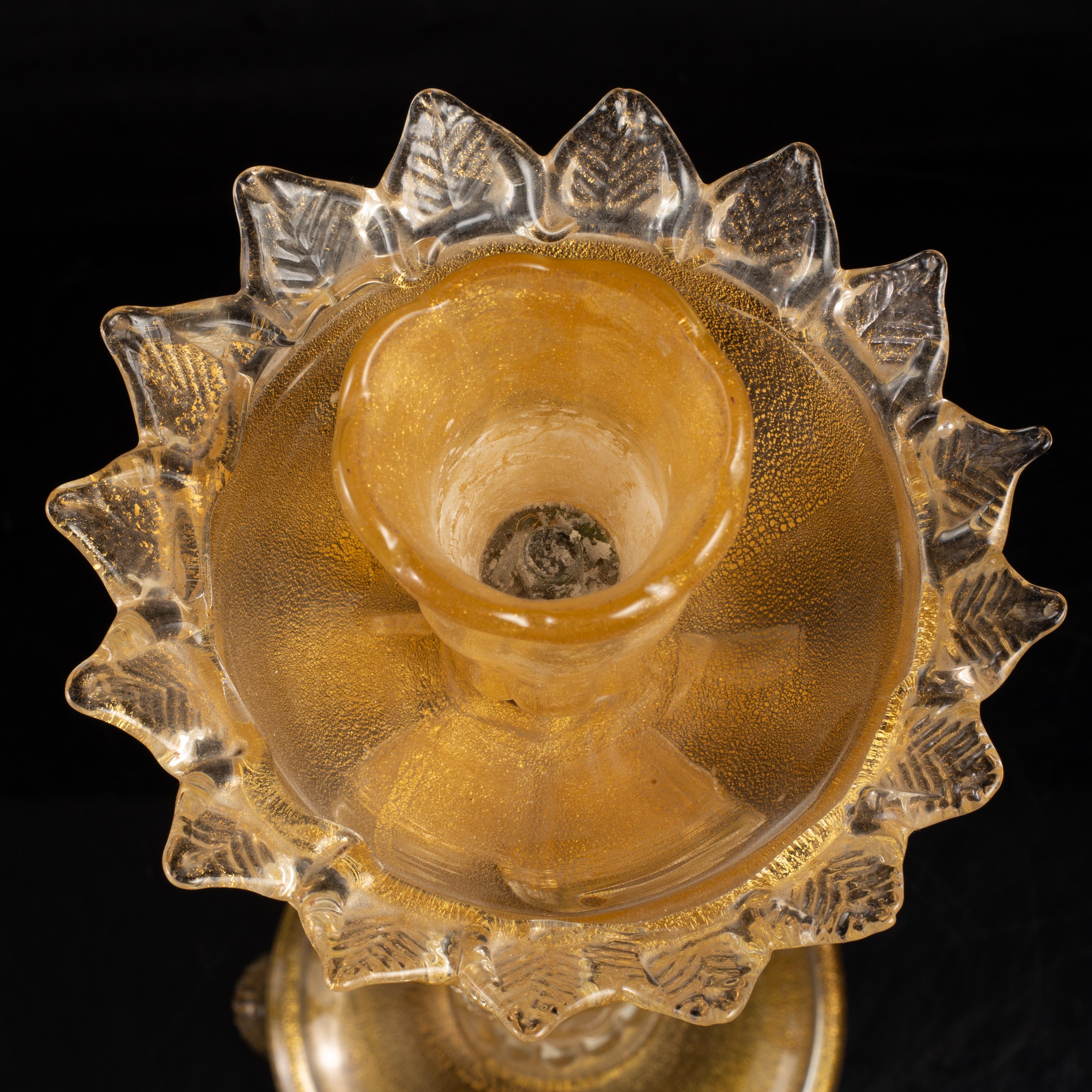 Hollywood Regency Pair of Italian Murano Gold Speckled Flower Form Candlesticks For Sale 5