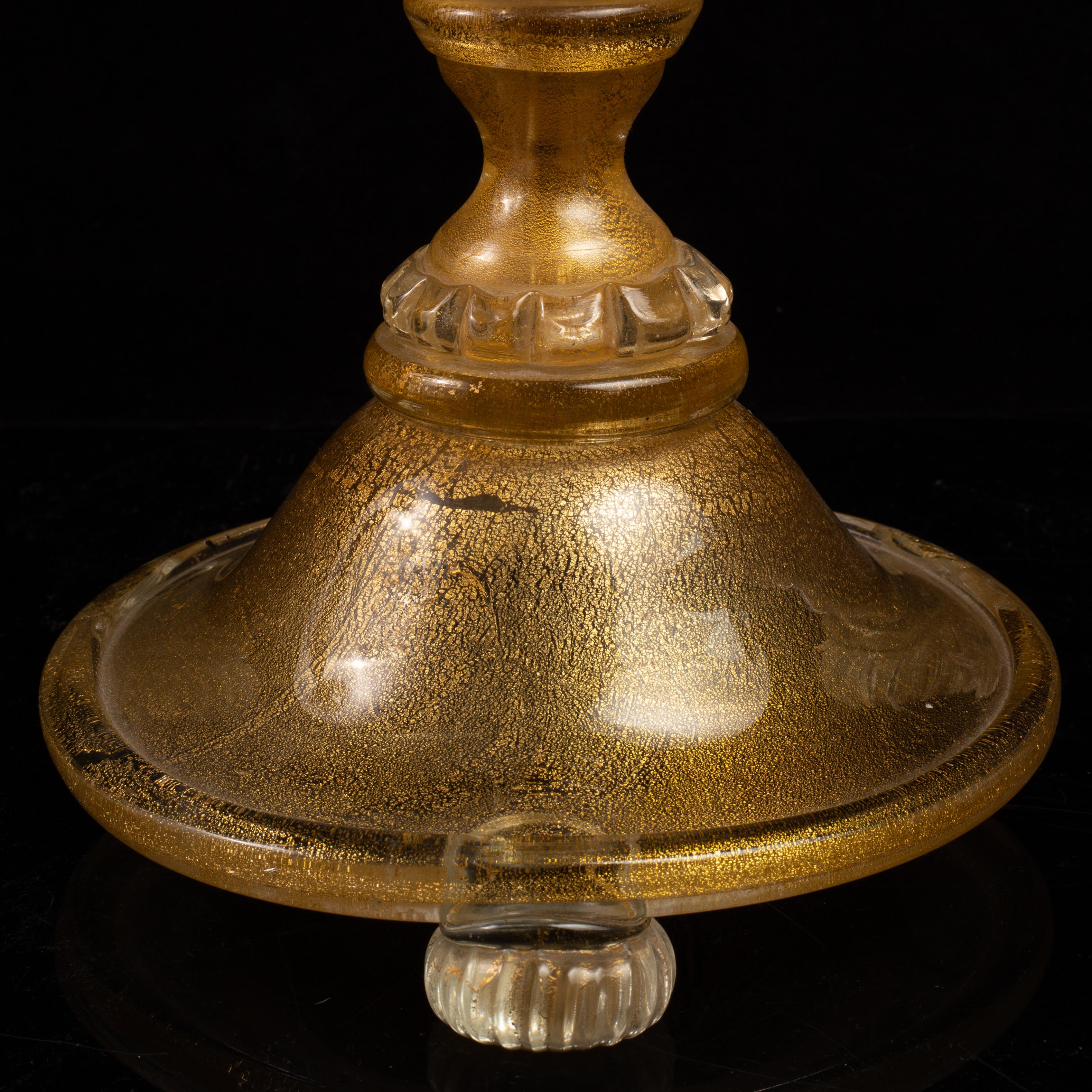 Hollywood Regency Pair of Italian Murano Gold Speckled Flower Form Candlesticks For Sale 6