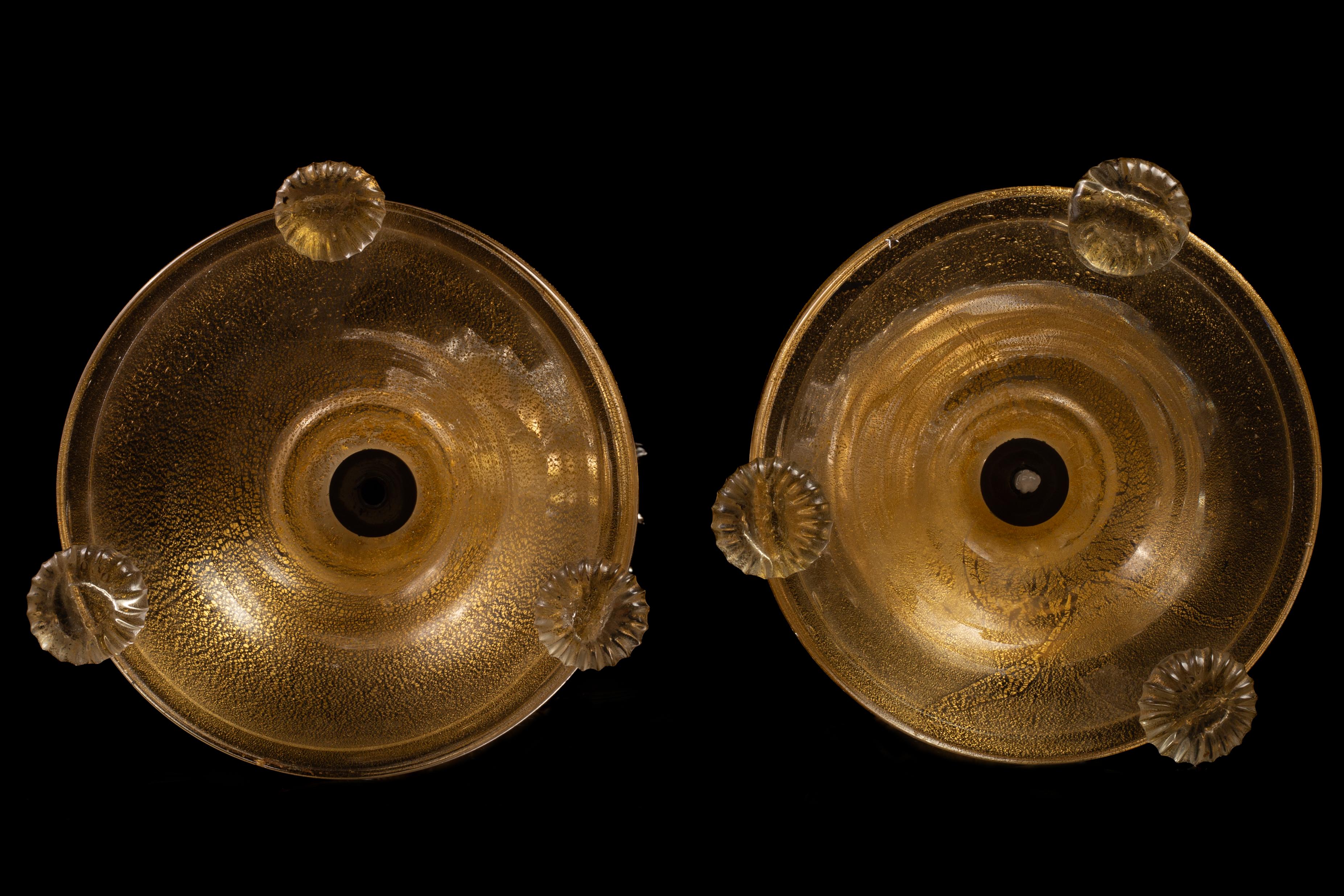 Hollywood Regency Pair of Italian Murano Gold Speckled Flower Form Candlesticks For Sale 7