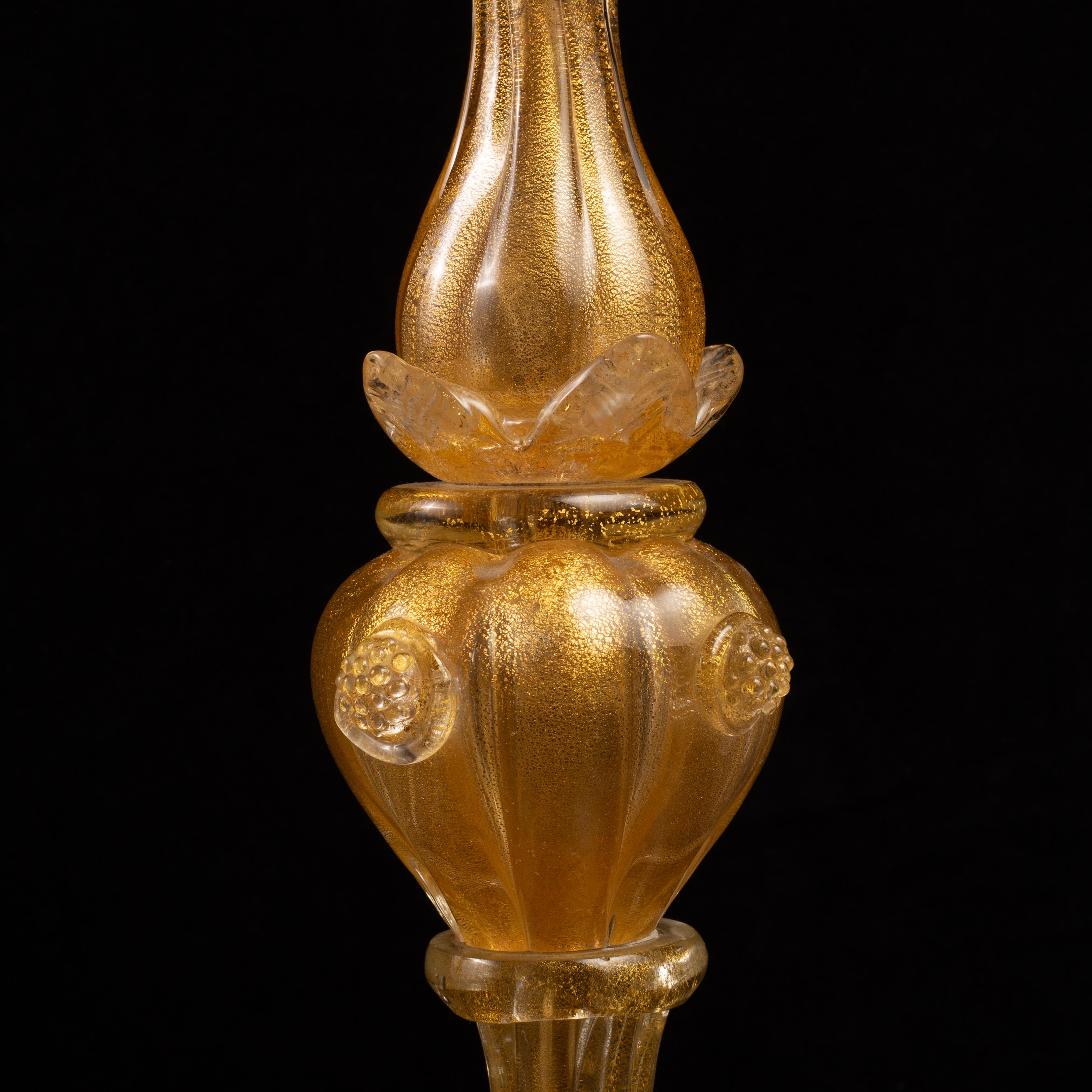 Hollywood Regency Pair of Italian Murano Gold Speckled Flower Form Candlesticks For Sale 2