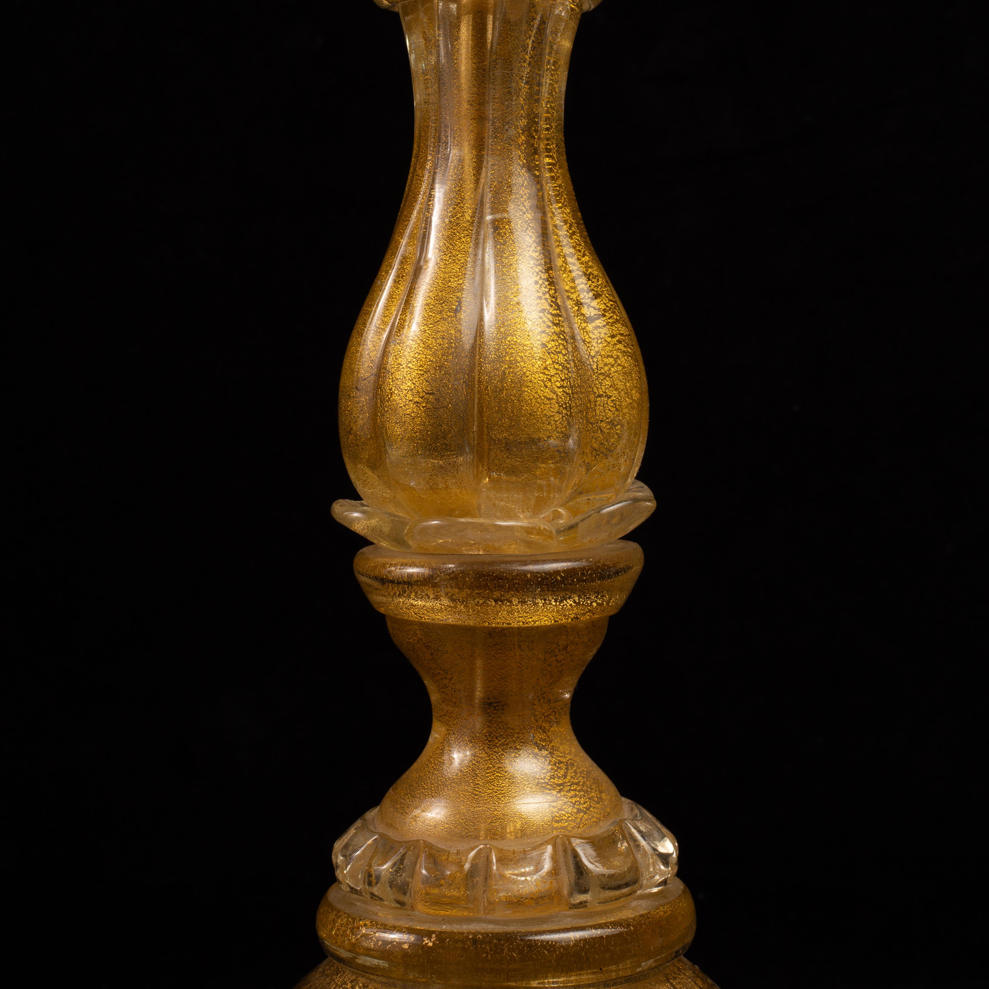 Hollywood Regency Pair of Italian Murano Gold Speckled Flower Form Candlesticks For Sale 3