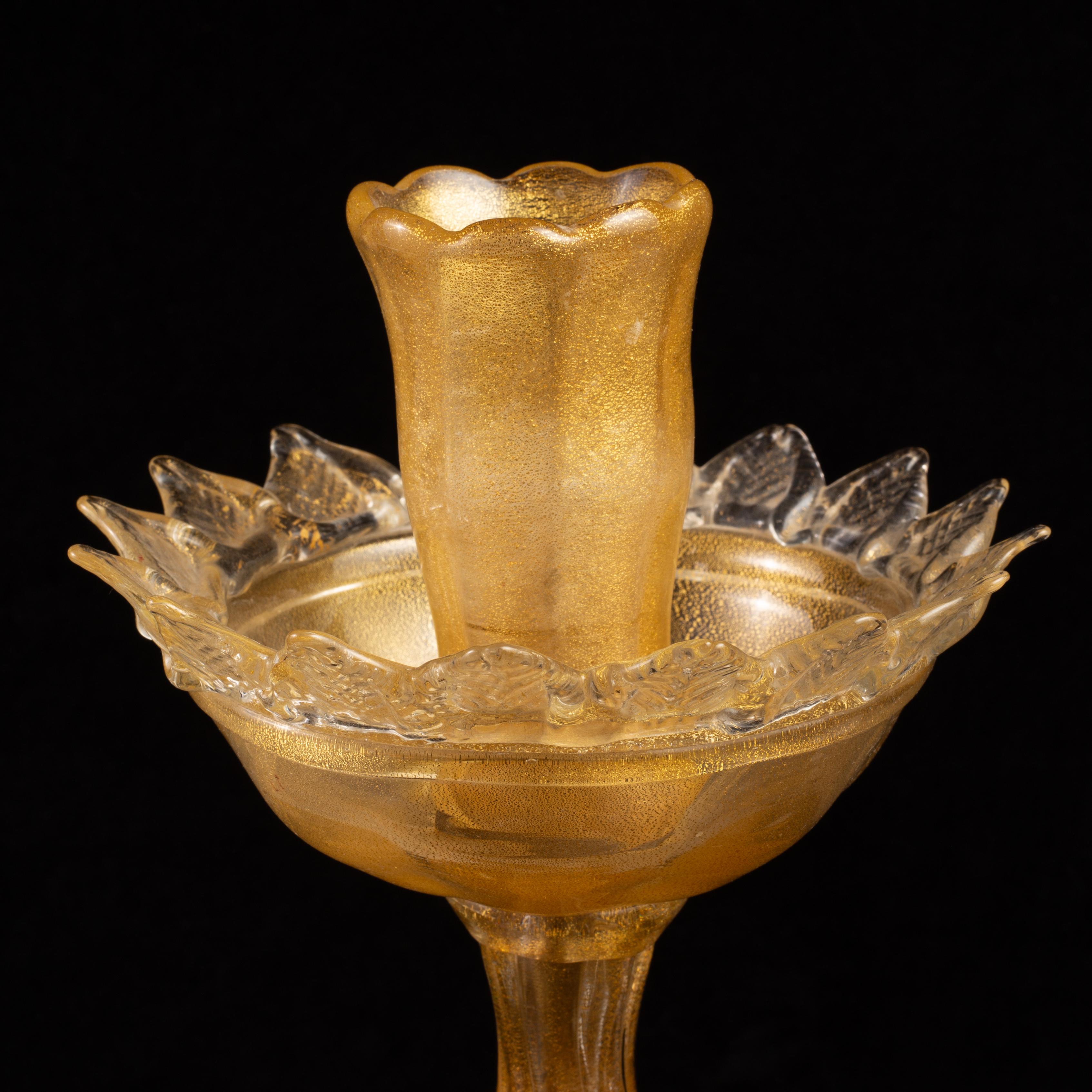 Hollywood Regency Pair of Italian Murano Gold Speckled Flower Form Candlesticks For Sale 4