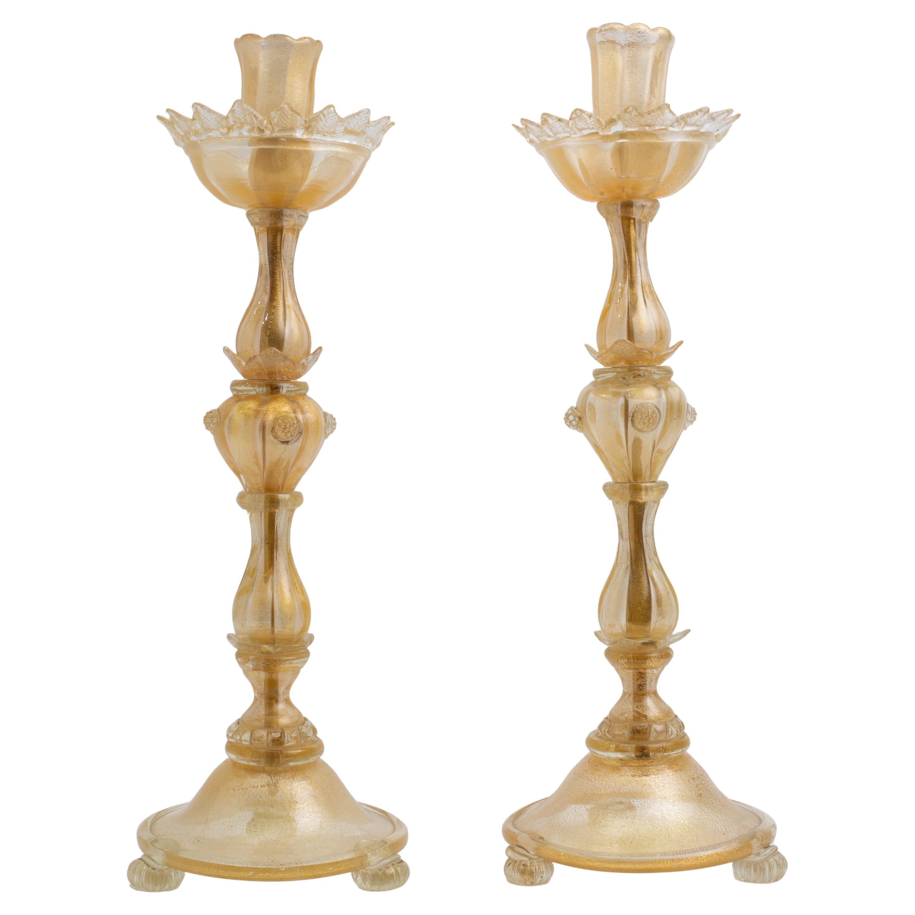 Hollywood Regency Pair of Italian Murano Gold Speckled Flower Form Candlesticks For Sale
