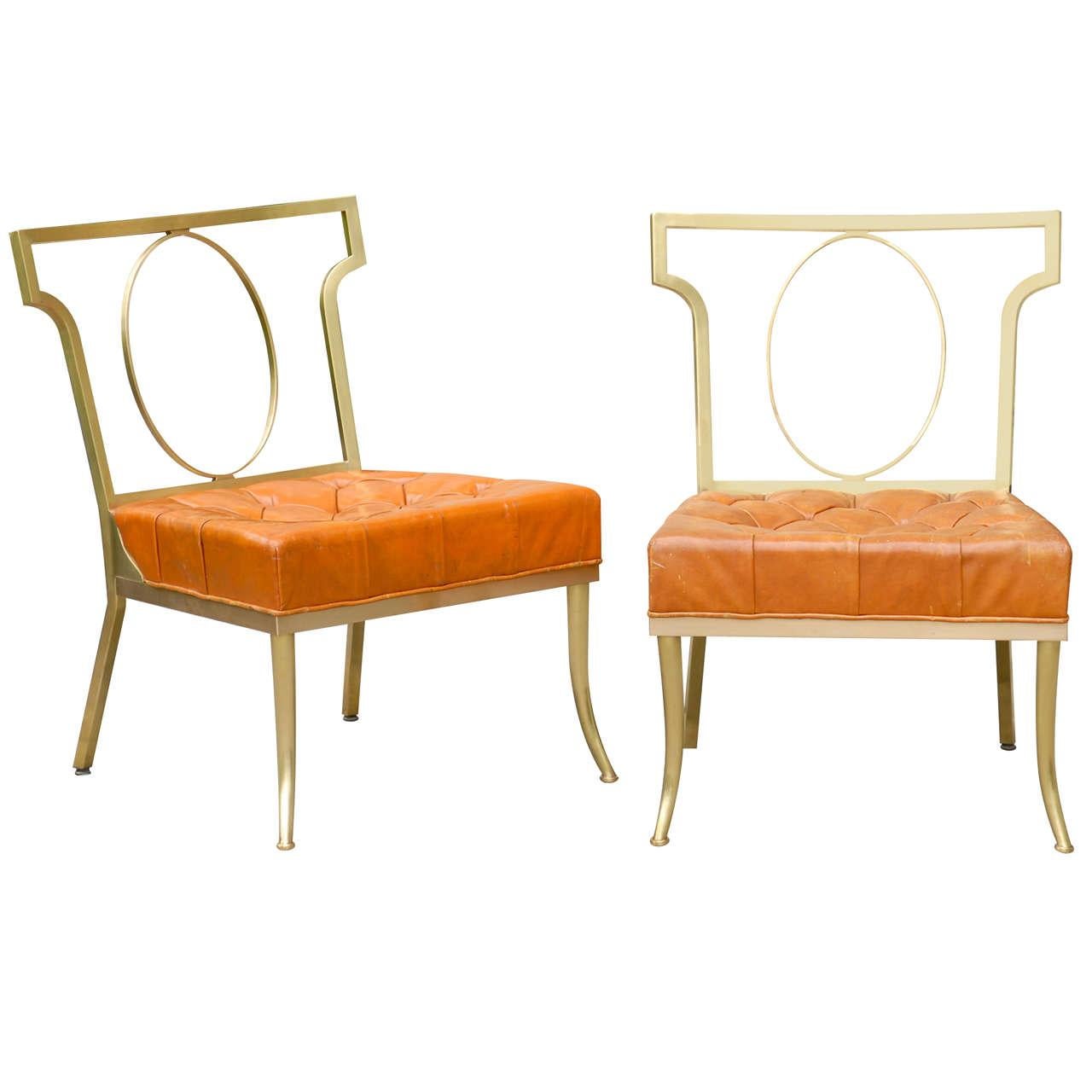 Hollywood Regency Pair of Leather and Brass Chairs by William Billy Haines For Sale