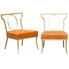 Hollywood Regency Pair of Leather and Brass Chairs by William Billy Haines