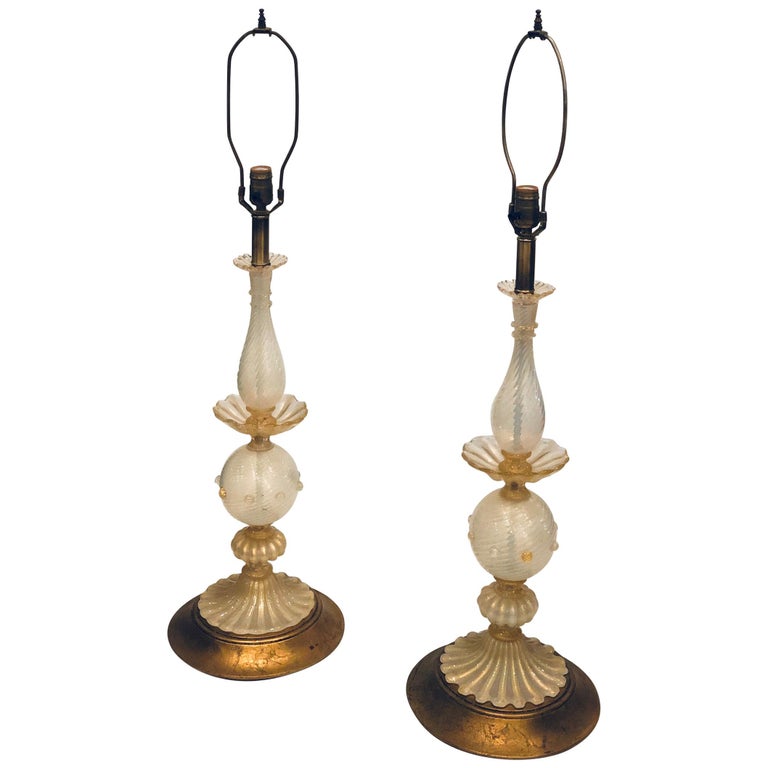 Hollywood Regency Pair of Tall Murano Lamps with Gold Leaf Bases For Sale
