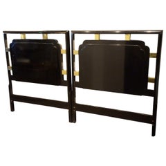 Hollywood Regency Pair of Twin Gilt Metal and Lacquered Black Wood Headboards