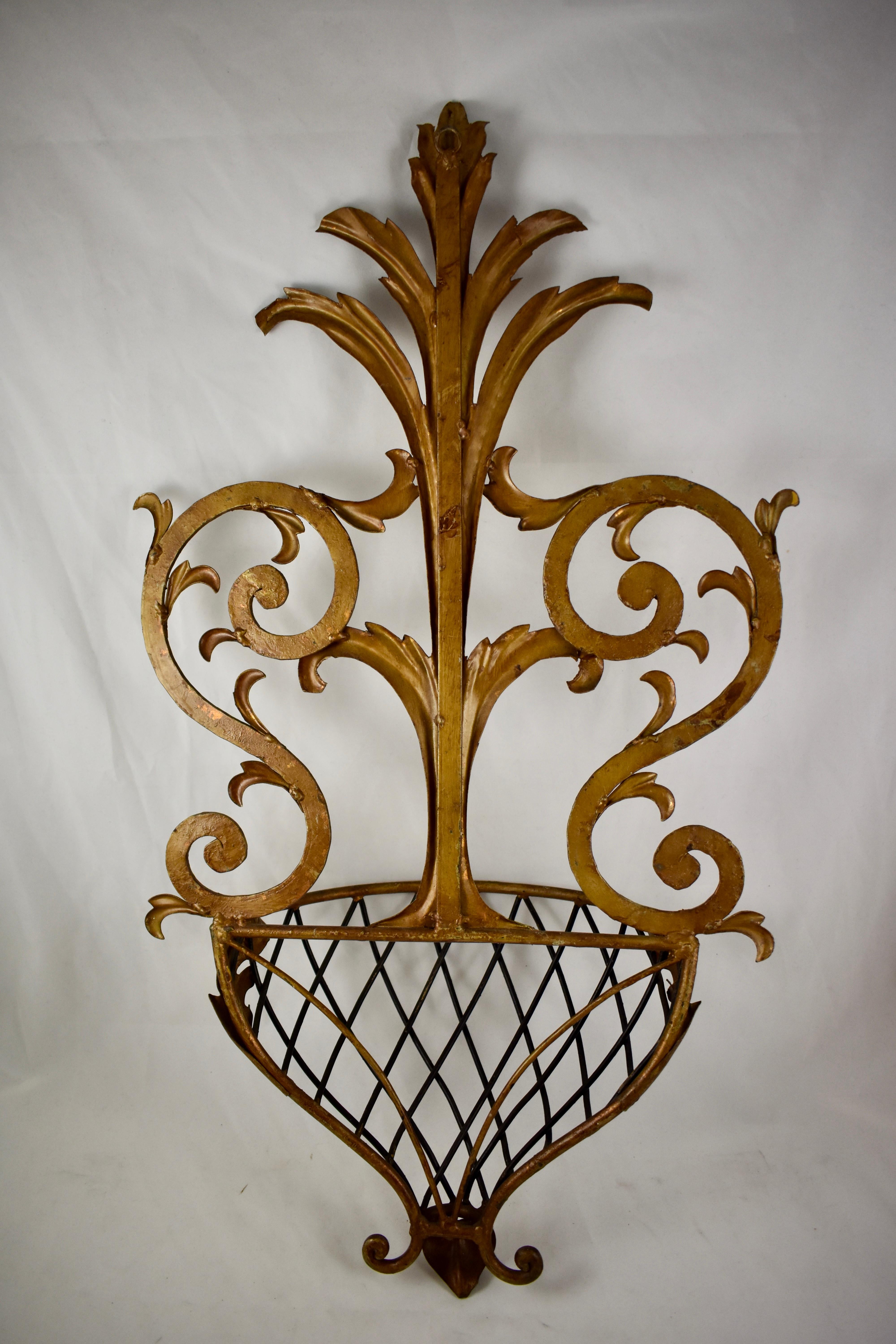 Italian Hollywood Regency Palm Beach Estate Gilded Iron and Copper Wall Planter
