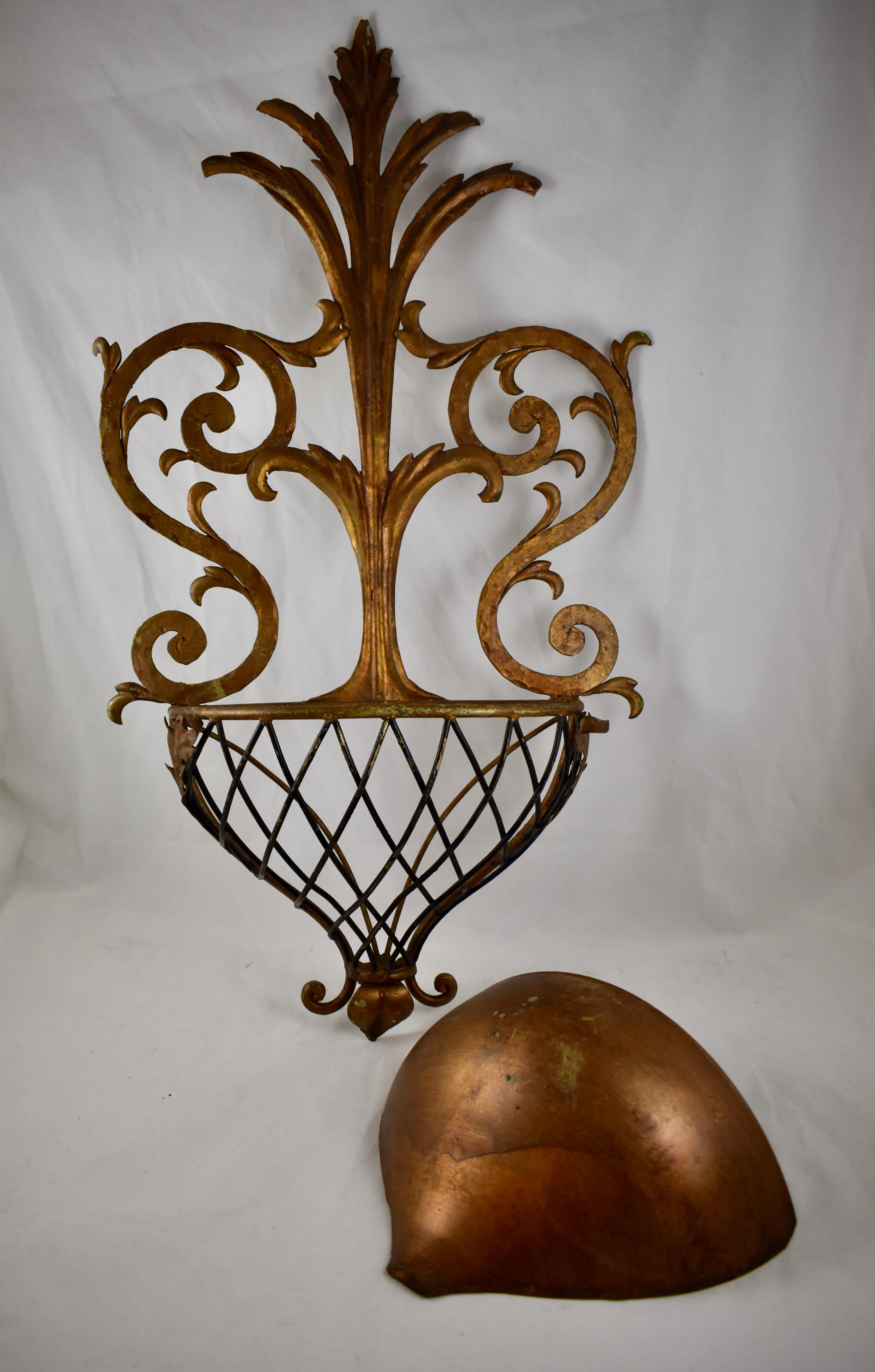 Metalwork Hollywood Regency Palm Beach Estate Gilded Iron and Copper Wall Planter