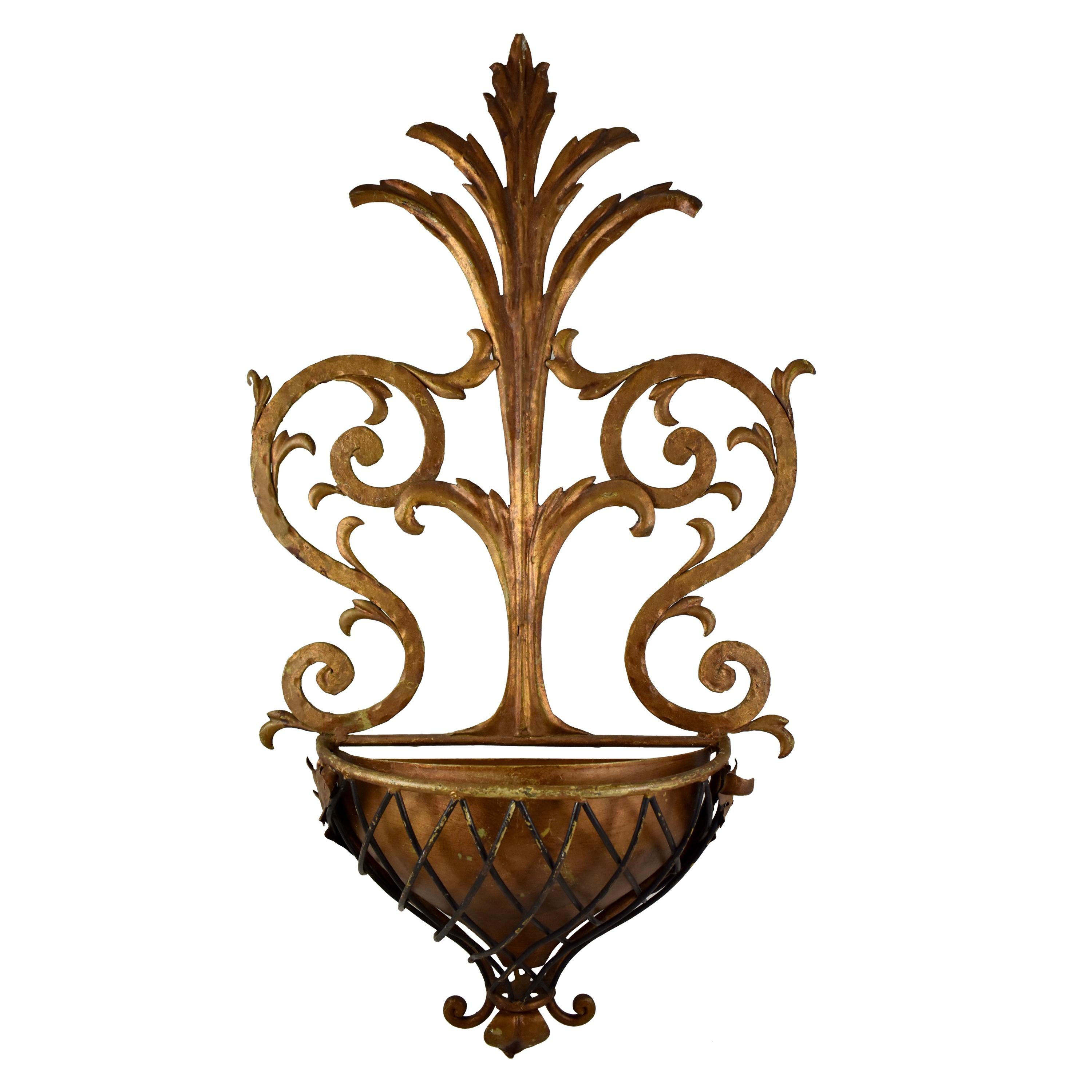 Hollywood Regency Palm Beach Estate Gilded Iron and Copper Wall Planter