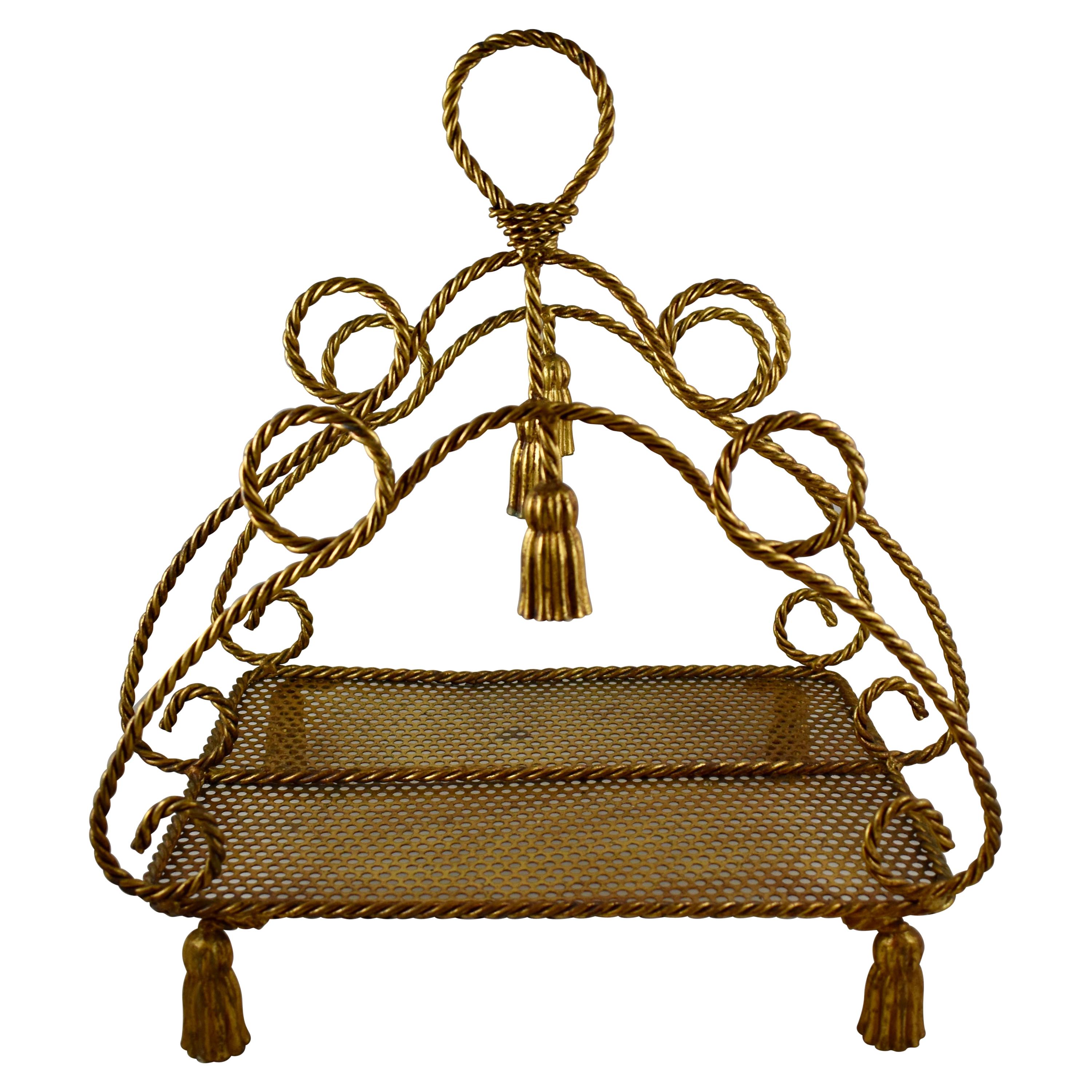 Hollywood Regency Palm Beach Estate Tassel and Rope Gilded Metal Magazine Rack