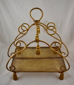 Hollywood Regency Palm Beach Estate Tassel and Rope Gilded Metal Magazine Rack