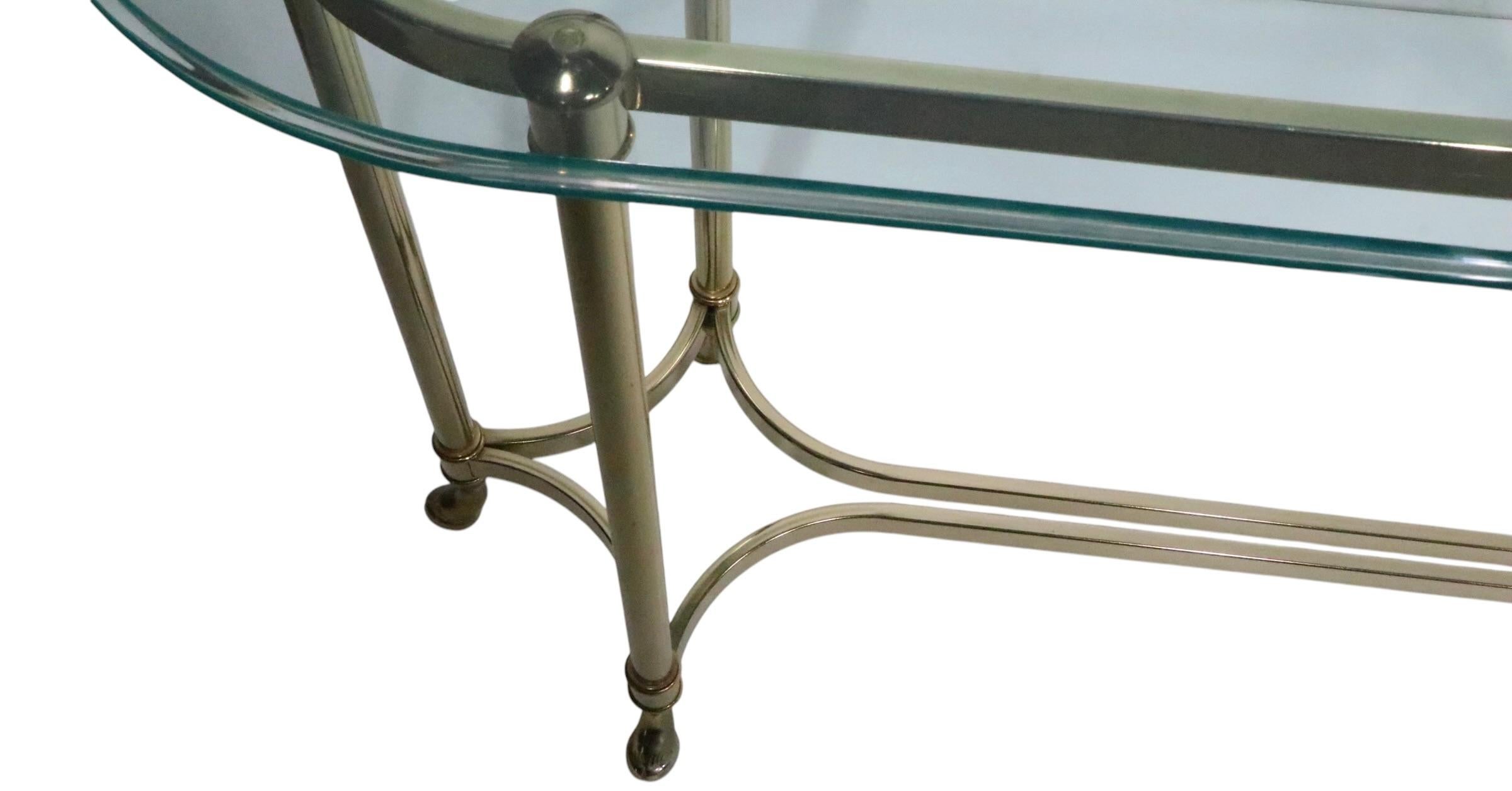 Hollywood Regency Palm Beach Modern Oval Glass Top Brass Base Console Table For Sale 6