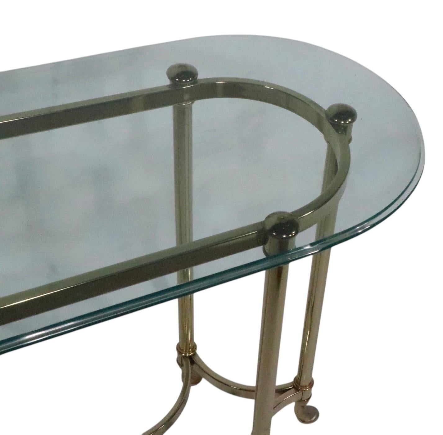 Hollywood Regency Palm Beach Modern Oval Glass Top Brass Base Console Table For Sale 8