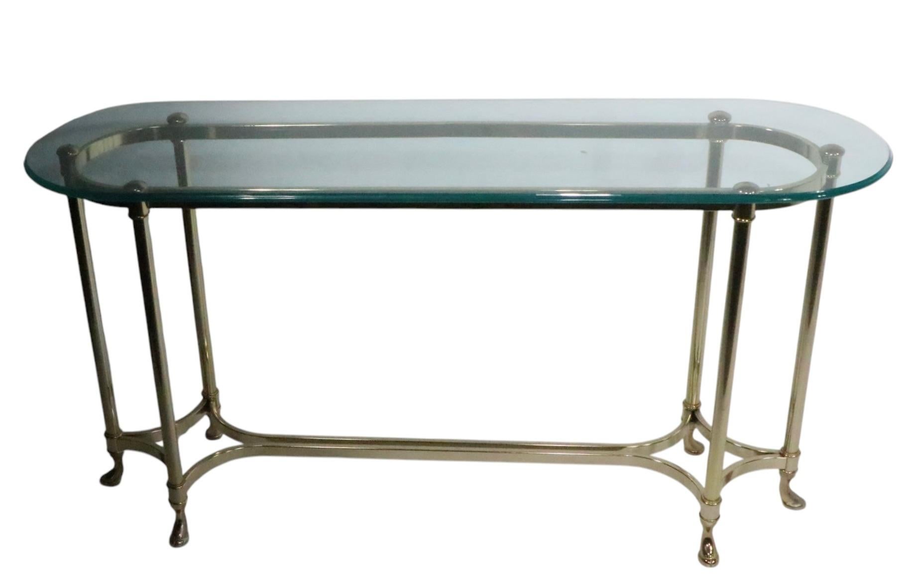 Hollywood Regency Palm Beach Modern Oval Glass Top Brass Base Console Table For Sale 9