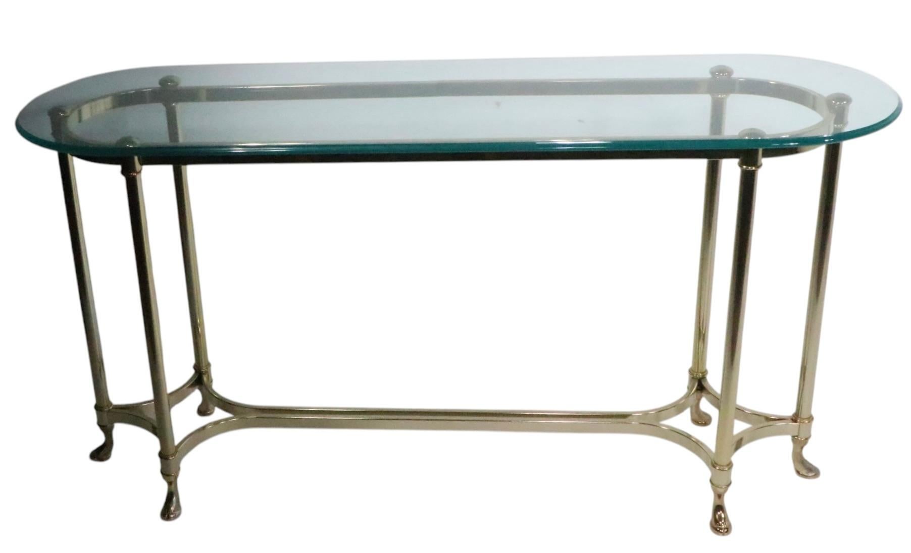 Hollywood Regency Palm Beach Modern Oval Glass Top Brass Base Console Table For Sale 10