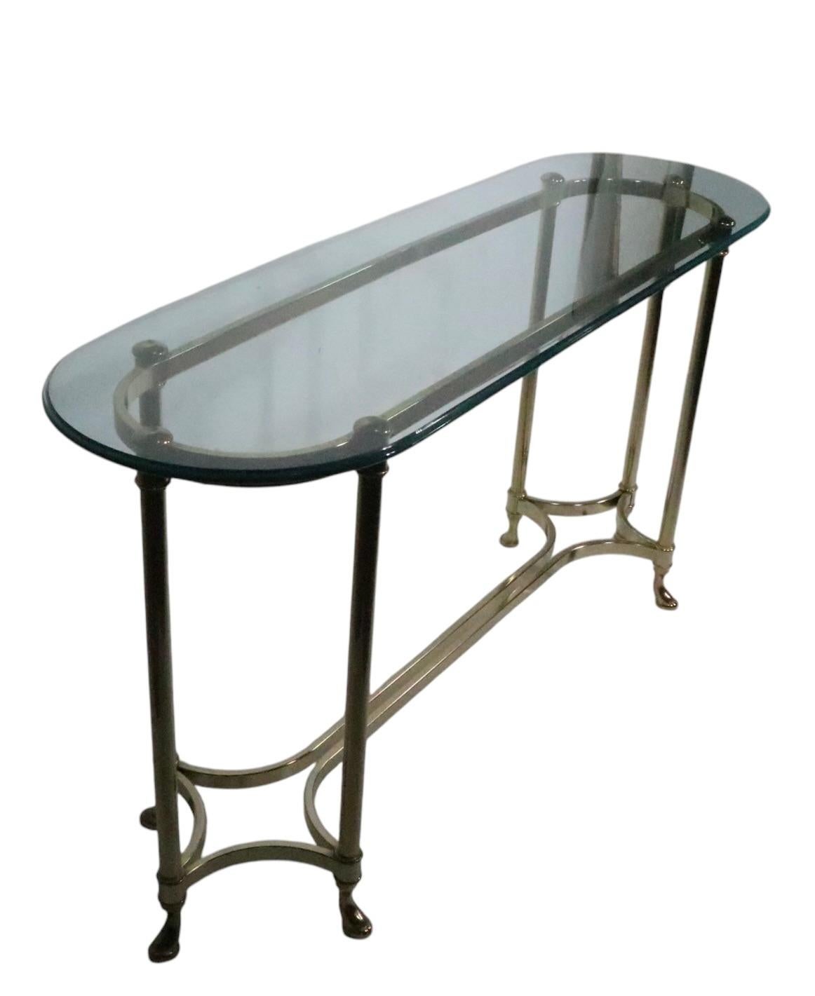 Hollywood Regency Palm Beach Modern Oval Glass Top Brass Base Console Table For Sale 11