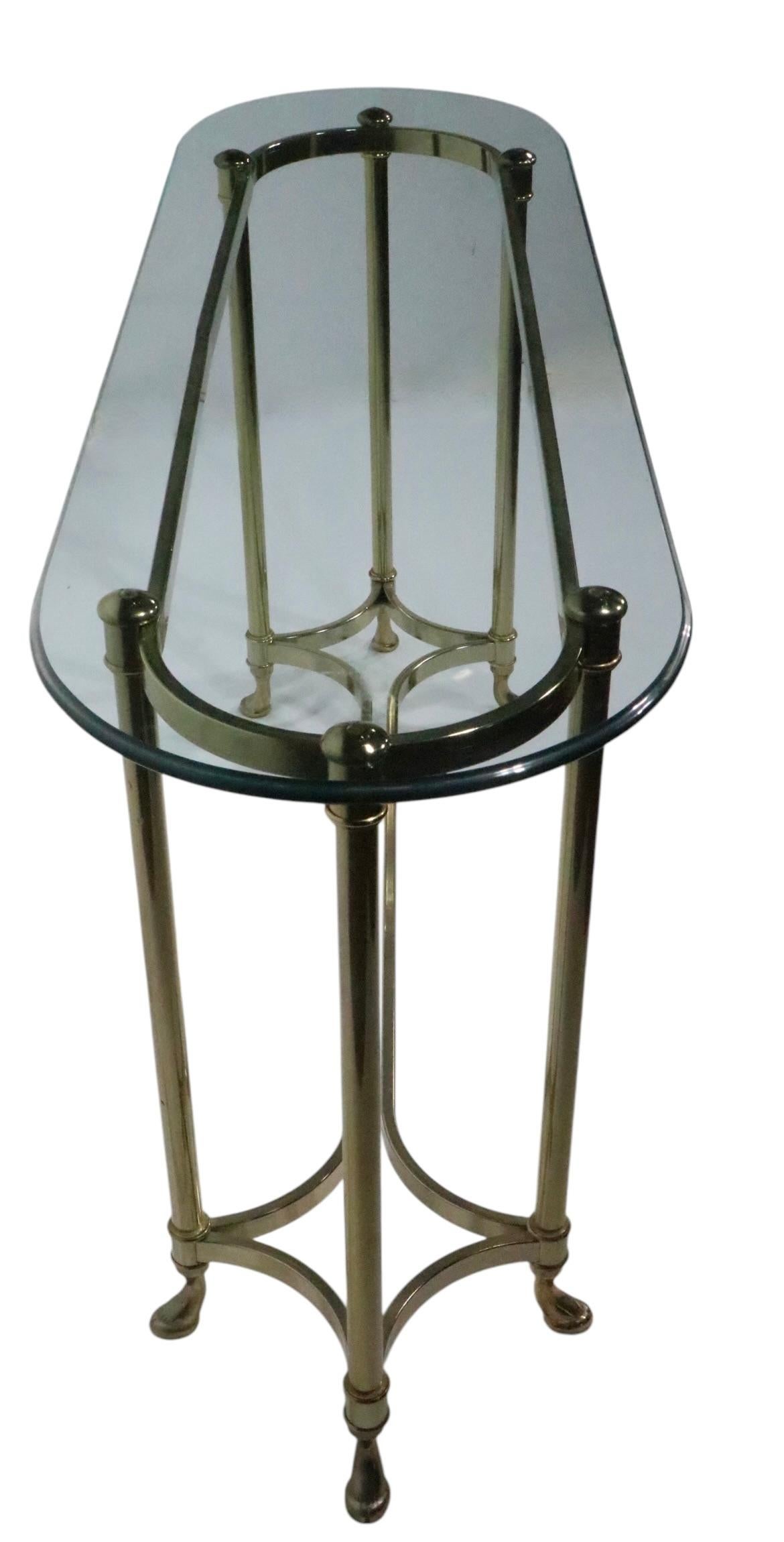American Hollywood Regency Palm Beach Modern Oval Glass Top Brass Base Console Table For Sale