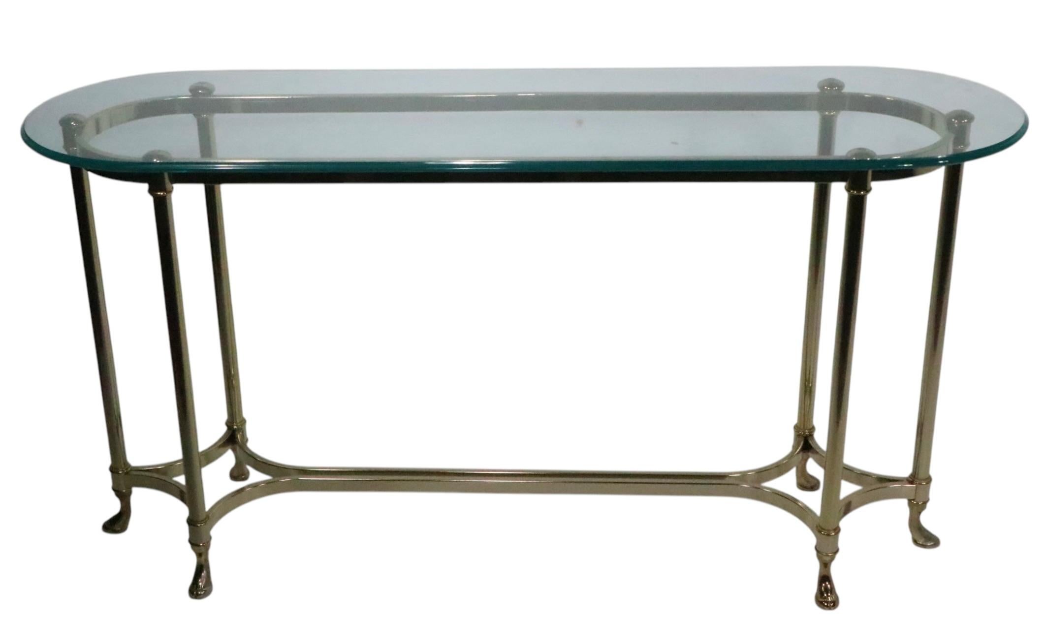 Hollywood Regency Palm Beach Modern Oval Glass Top Brass Base Console Table In Good Condition For Sale In New York, NY