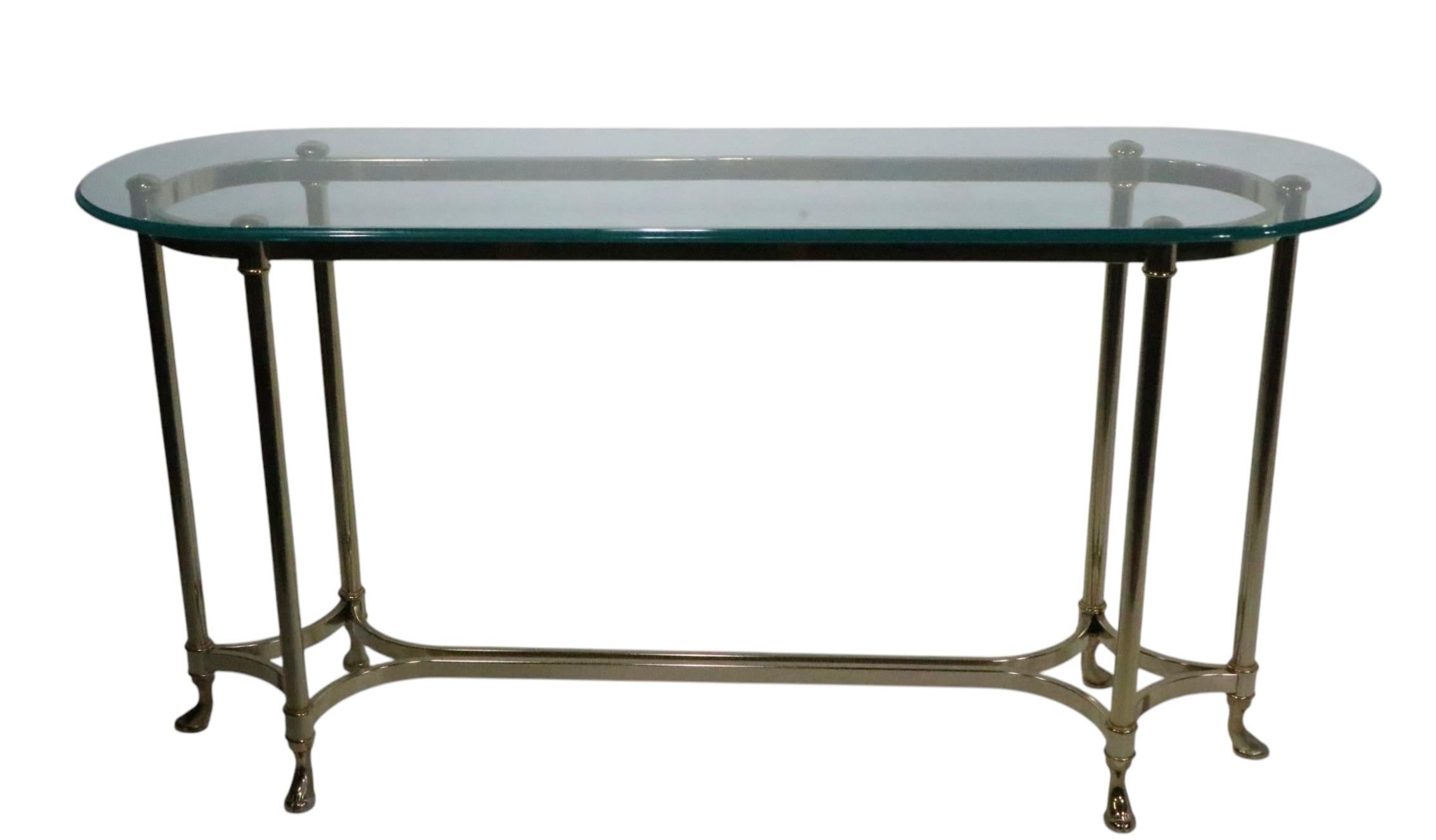 20th Century Hollywood Regency Palm Beach Modern Oval Glass Top Brass Base Console Table For Sale