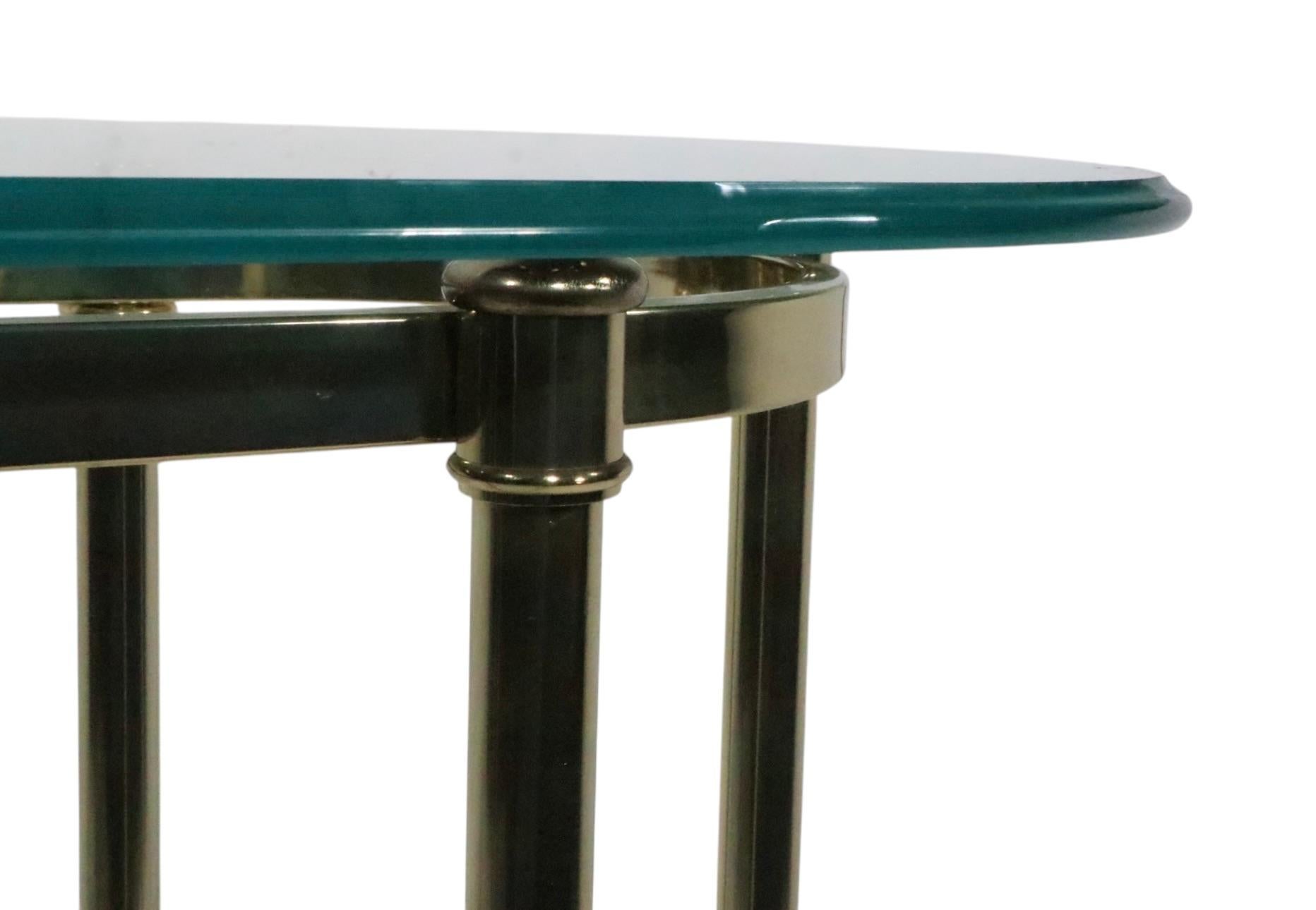 Hollywood Regency Palm Beach Modern Oval Glass Top Brass Base Console Table For Sale 2