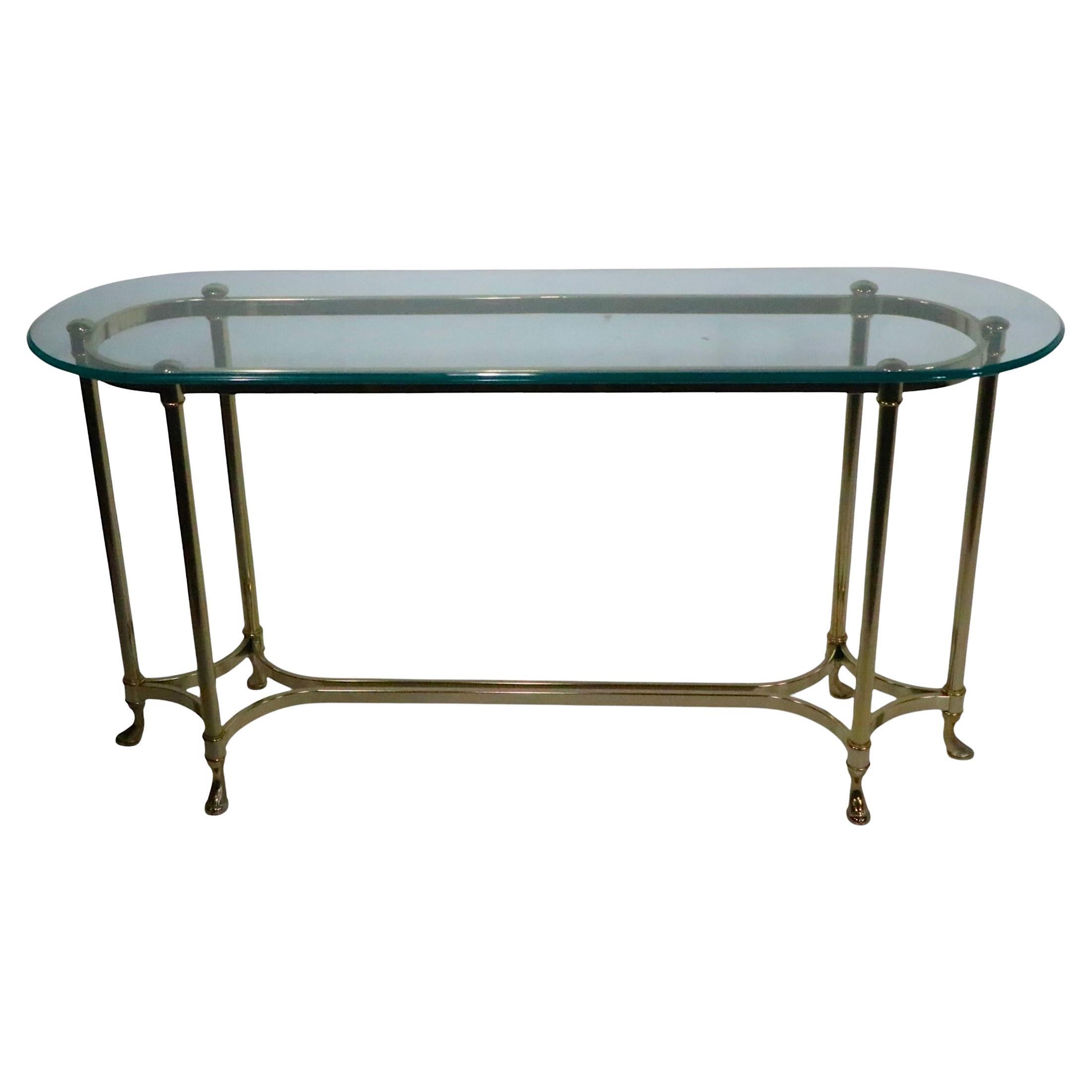 Hollywood Regency Palm Beach Modern Oval Glass Top Brass Base Console Table