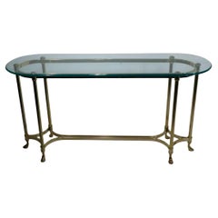 Hollywood Regency Palm Beach Modern Oval Glass Top Brass Base Console Table