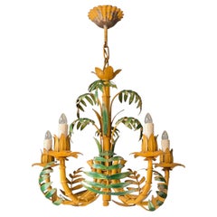 Lustre Hollywood Regency en forme de palmier avec détails en faux bambou, 5 lumières