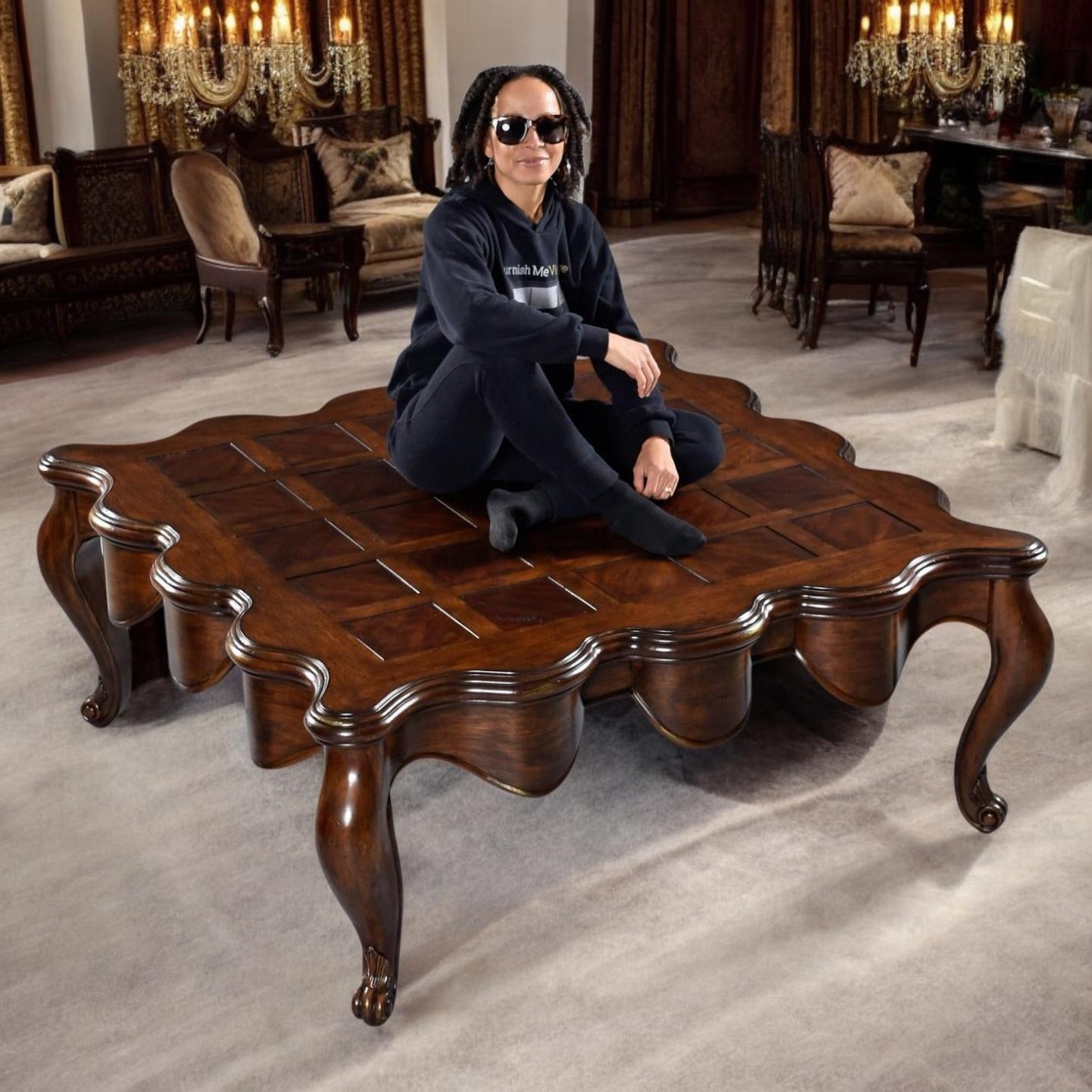 American Hollywood Regency Parquet Scalloped Edge Cherry Wood Cabriole Leg Coffee Table For Sale