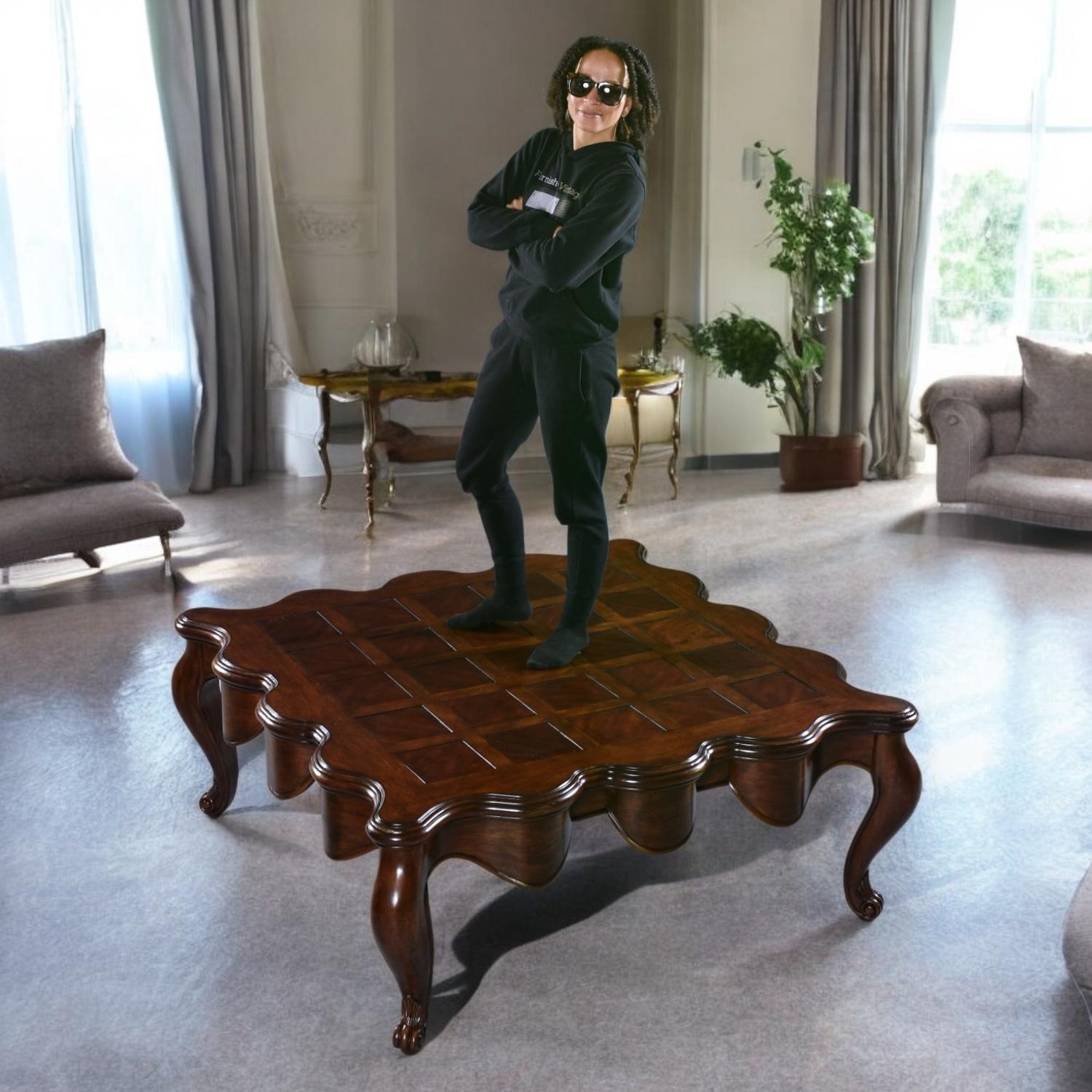 20th Century Hollywood Regency Parquet Scalloped Edge Cherry Wood Cabriole Leg Coffee Table For Sale
