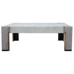 Hollywood Regency Parson Style Burl Coffee Table with Brass Inlay & White Finish