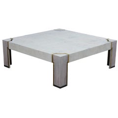 Hollywood Regency Parson Style Burl Coffee Table with Brass Inlay & White Finish