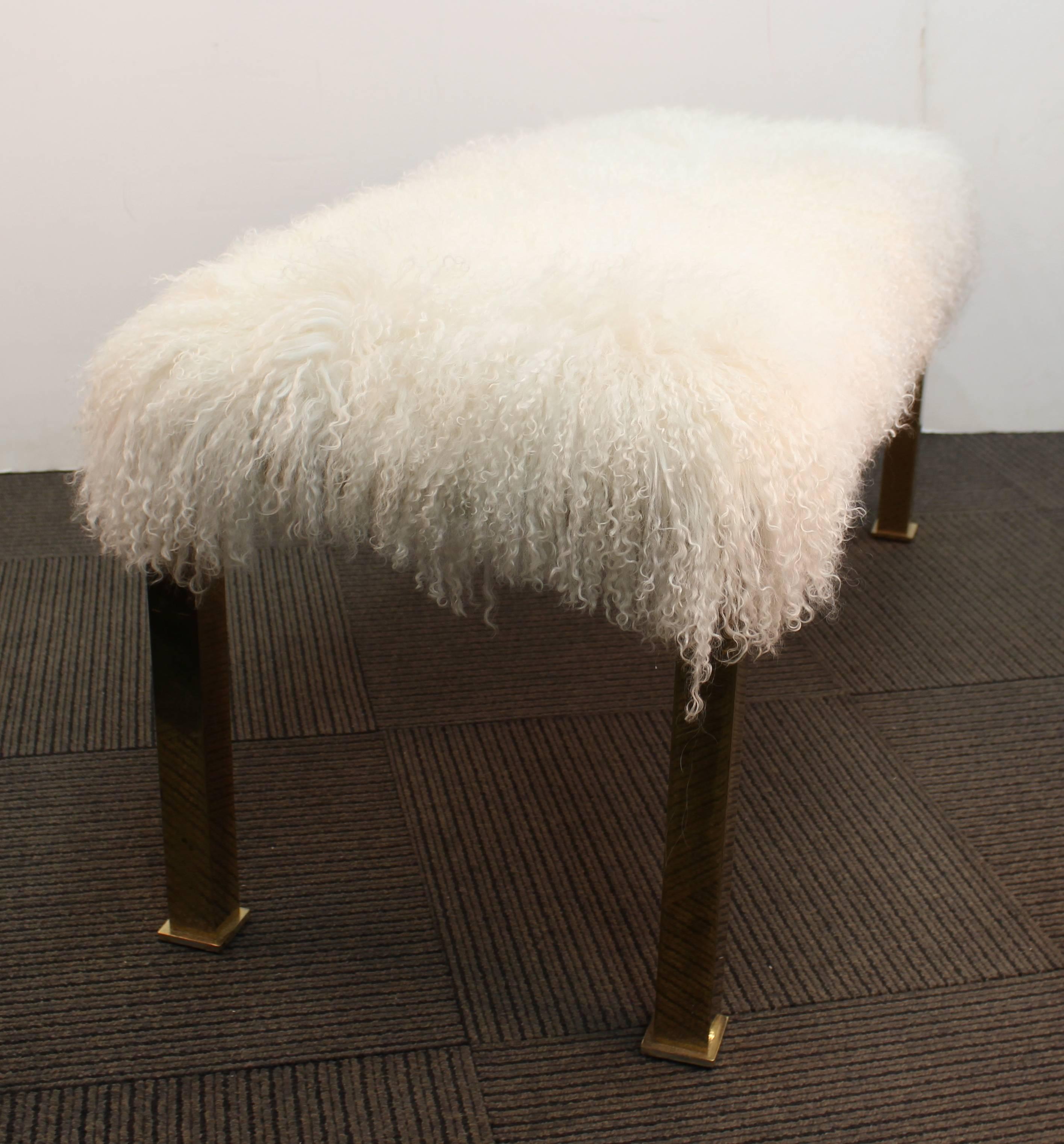 American Hollywood Regency Parsons Style Bench in White Curly Lambs Wool and Brass Legs