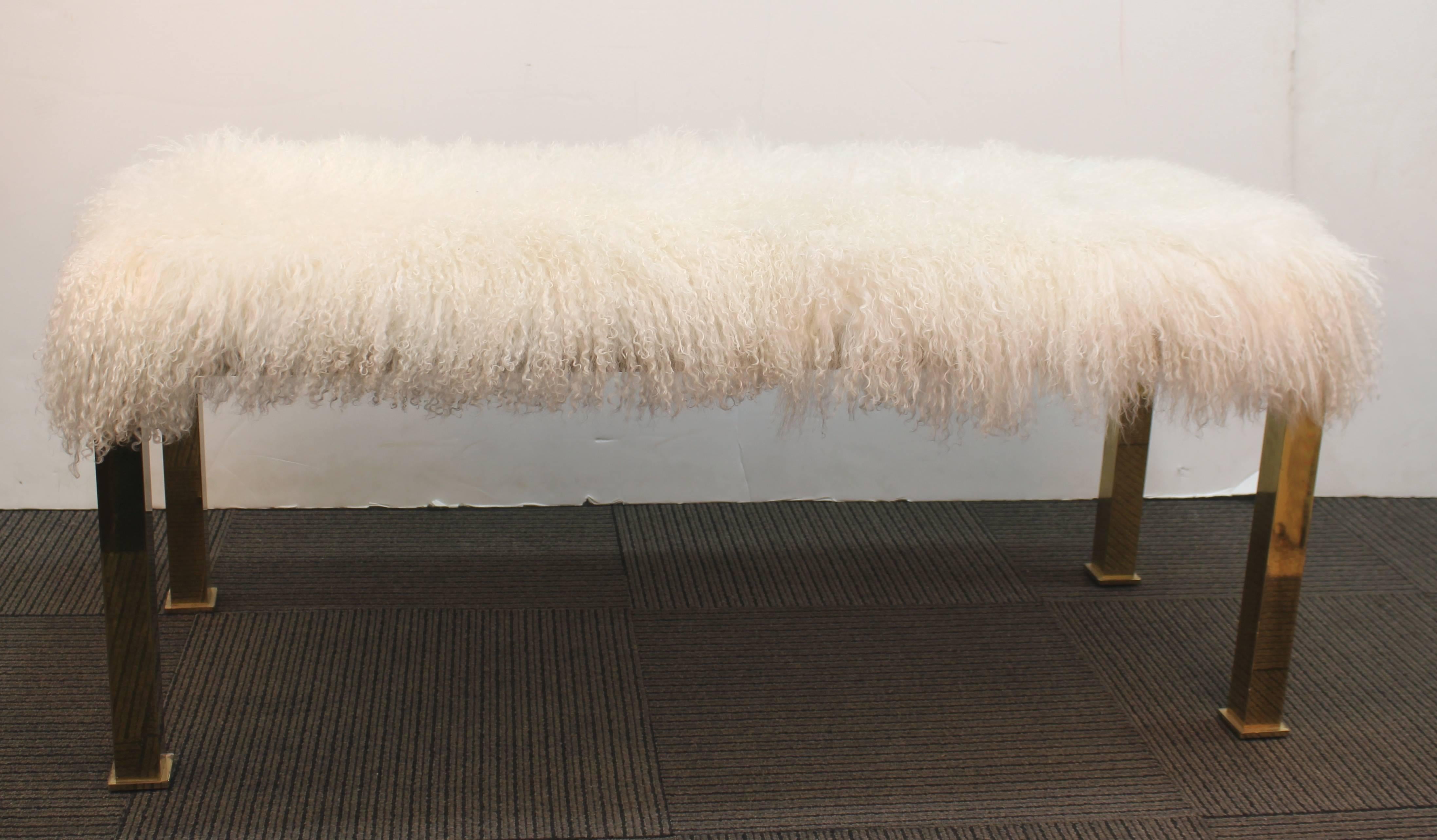 Late 20th Century Hollywood Regency Parsons Style Bench in White Curly Lambs Wool and Brass Legs