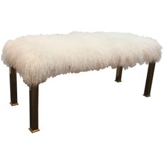 Vintage Hollywood Regency Parsons Style Bench in White Curly Lambs Wool and Brass Legs