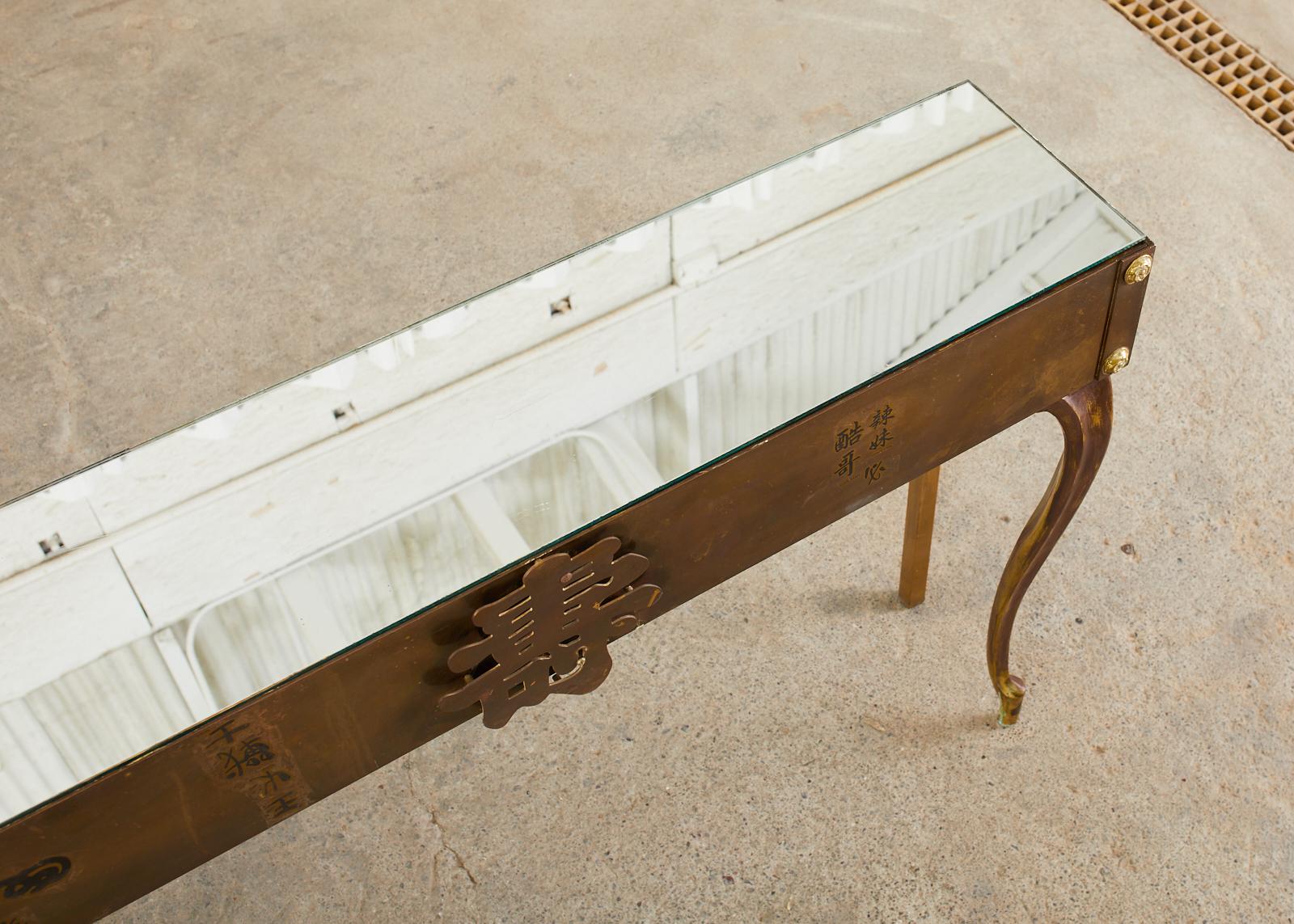 Hollywood Regency Patinated Brass Asian Motif Console Table 8